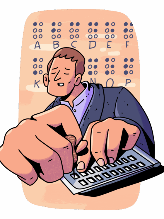 Dibujo a color de Louis Braille. Viste una camisa sin cuello y un saco, y lleva cabello corto. Al frente se ven sus manos utilizando un punzón y una regleta para escribir un mensaje en un papel. Al fondo, sin color, se aprecian algunos caracteres en braille y sus equivalencias con el alfabeto estándar.