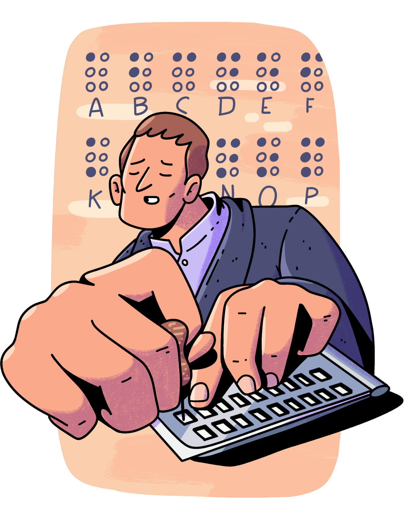 Dibujo a color de Louis Braille. Viste una camisa sin cuello y un saco, y lleva cabello corto. Al frente se ven sus manos utilizando un punzón y una regleta para escribir un mensaje en un papel. Al fondo, sin color, se aprecian algunos caracteres en braille y sus equivalencias con el alfabeto estándar.