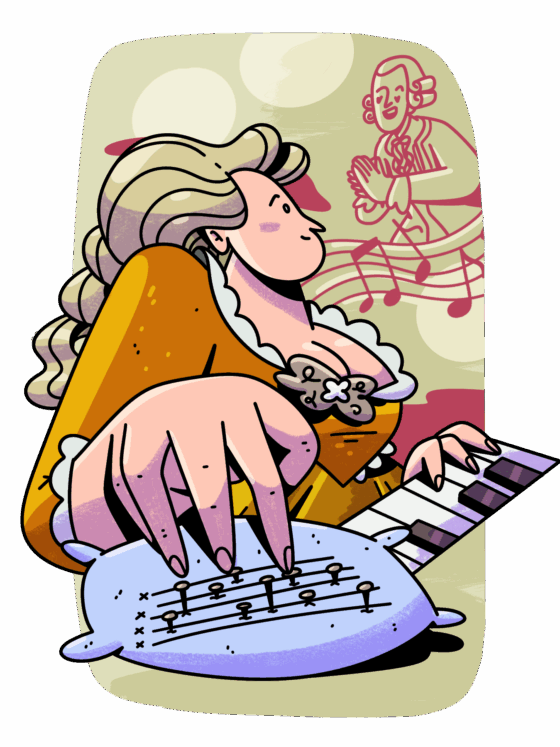 Dibujo a color de María Theresia von Paradis, que aparece de perfil tocando el piano con su mano izquierda y sintiendo unos alfileres insertados en una almohadilla con su mano derecha. Lleva un vestido con corset y peinado voluminoso, como se llevaba en el siglo 18. Al fondo, sin color, aparecen notas musicales y Mozart aplaudiendo.