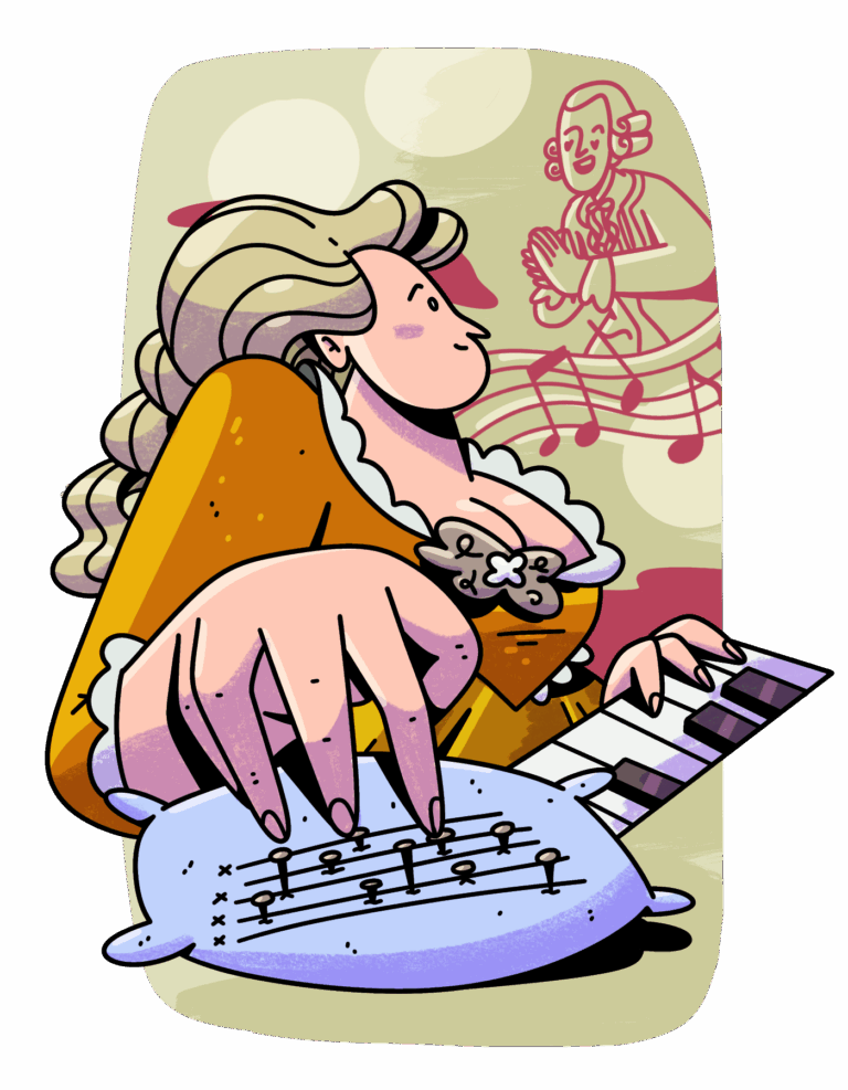 Dibujo a color de María Theresia von Paradis, que aparece de perfil tocando el piano con su mano izquierda y sintiendo unos alfileres insertados en una almohadilla con su mano derecha. Lleva un vestido con corset y peinado voluminoso, como se llevaba en el siglo 18. Al fondo, sin color, aparecen notas musicales y Mozart aplaudiendo.