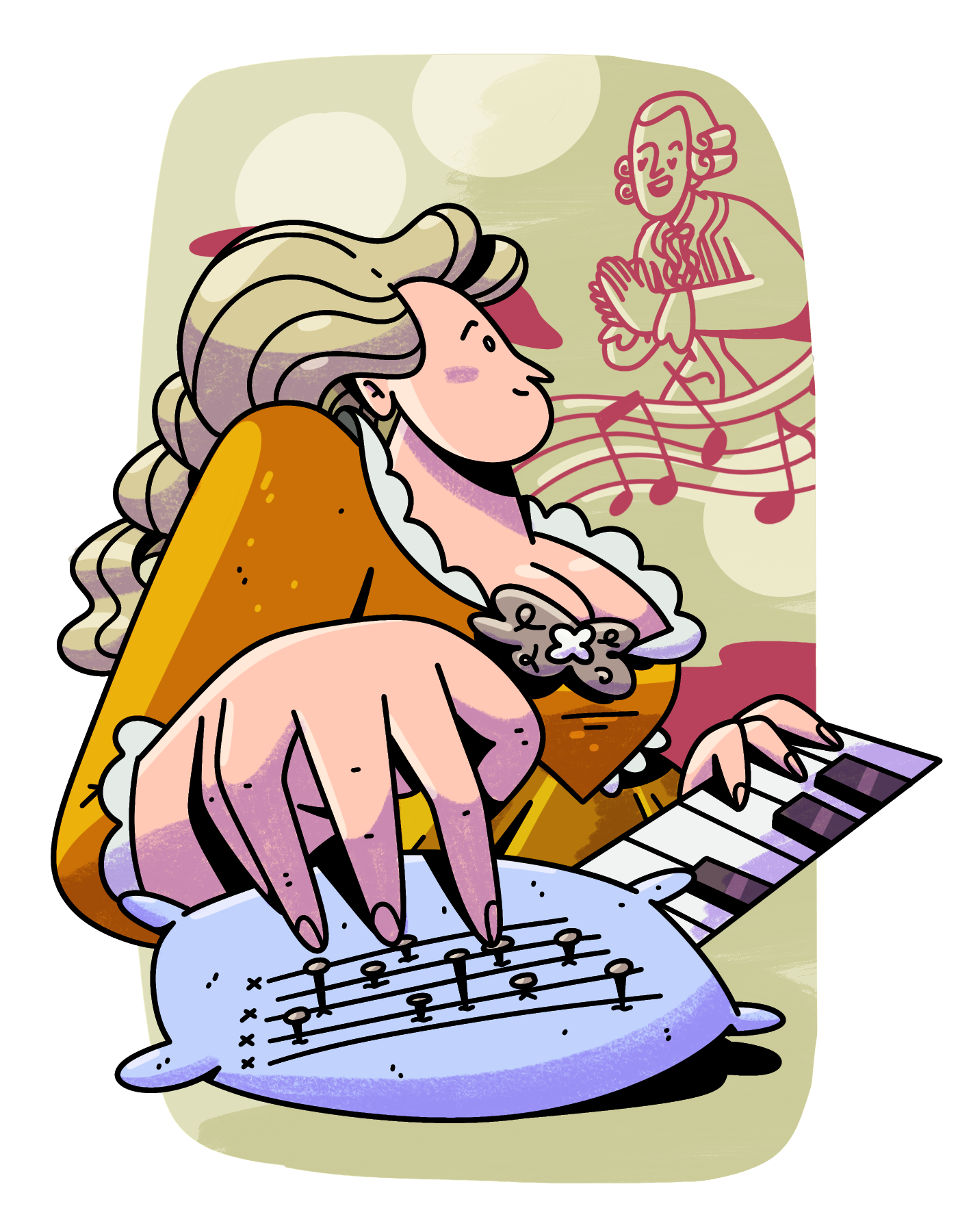 Dibujo a color de María Theresia von Paradis, que aparece de perfil tocando el piano con su mano izquierda y sintiendo unos alfileres insertados en una almohadilla con su mano derecha. Lleva un vestido con corset y peinado voluminoso, como se llevaba en el siglo 18. Al fondo, sin color, aparecen notas musicales y Mozart aplaudiendo.