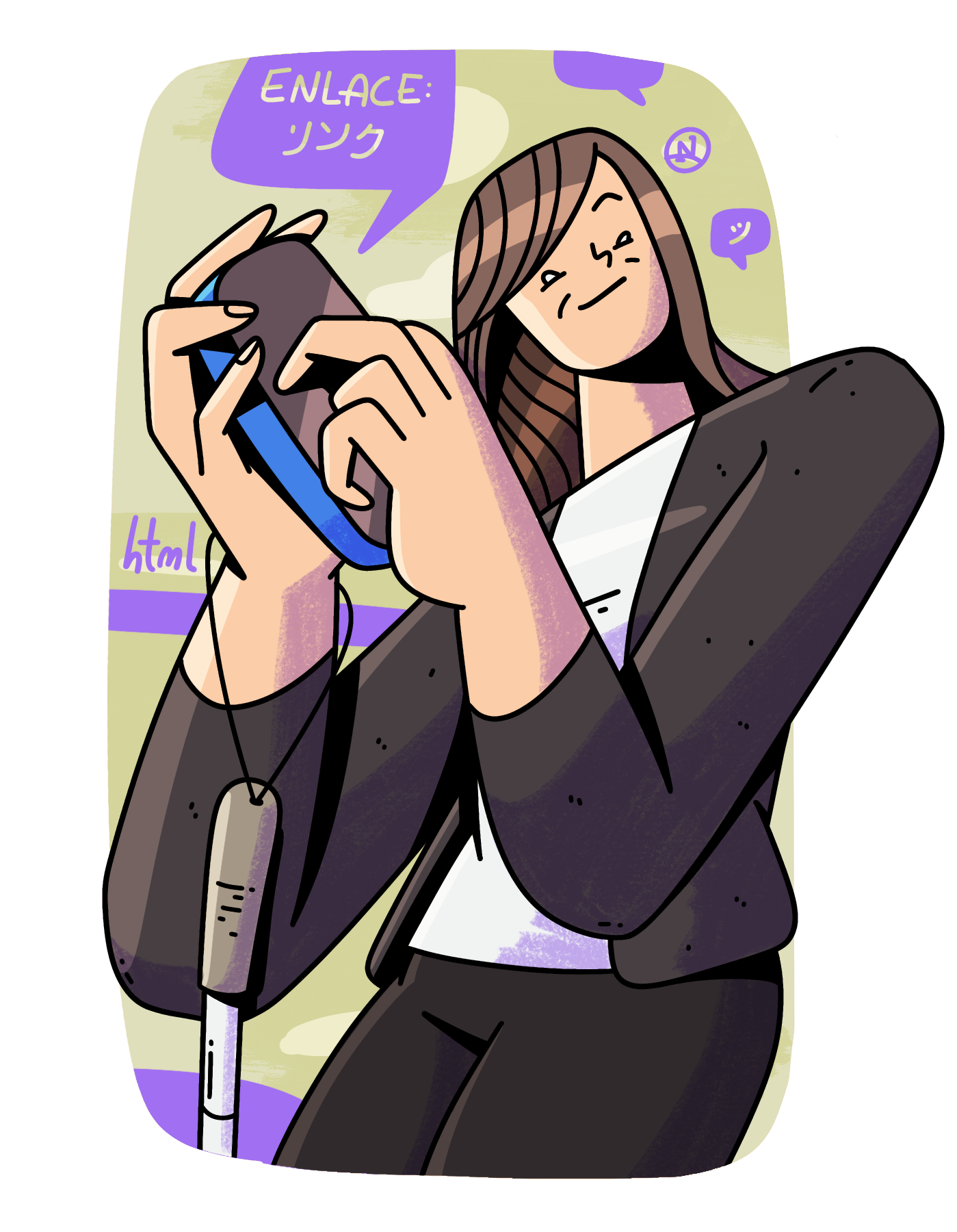 Dibujo a color de Chieko Asakawa escuchando la voz del lector de pantalla de su dispositivo móvil que acerca a su oído. Lleva el cabello suelto lacio, un saco y de su brazo cuelga un bastón blanco. Al fondo aparecen globos de texto que dicen "enlace" y "html" junto con otros caracteres en japonés