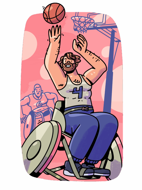 Dibujo a color de Sir Philip Craven en su juventud, lanzando hacia arriba un balón de baloncesto. Usa una silla de ruedas, barba y cabello enmarañado, y viste un uniforme deportivo sin mangas con el número 4 en su pecho. Al fondo, sin color se aprecia una canasta de baloncesto y otro jugador, con el número seis, propulsándose en su silla hacia donde está Philip.