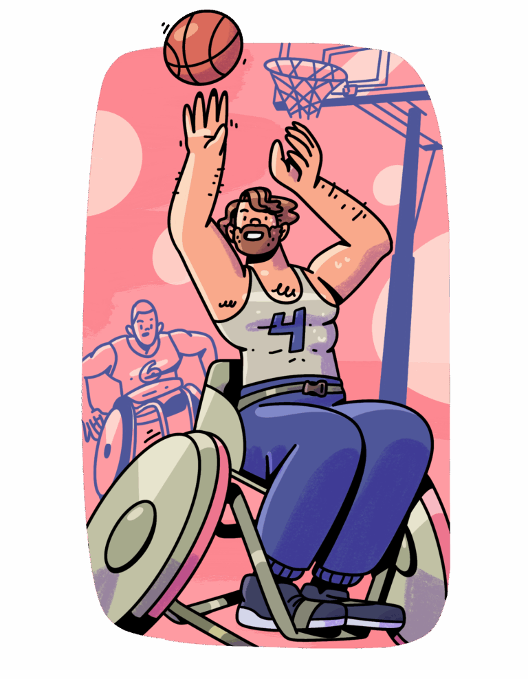 Dibujo a color de Sir Philip Craven en su juventud, lanzando hacia arriba un balón de baloncesto. Usa una silla de ruedas, barba y cabello enmarañado, y viste un uniforme deportivo sin mangas con el número 4 en su pecho. Al fondo, sin color se aprecia una canasta de baloncesto y otro jugador, con el número seis, propulsándose en su silla hacia donde está Philip.