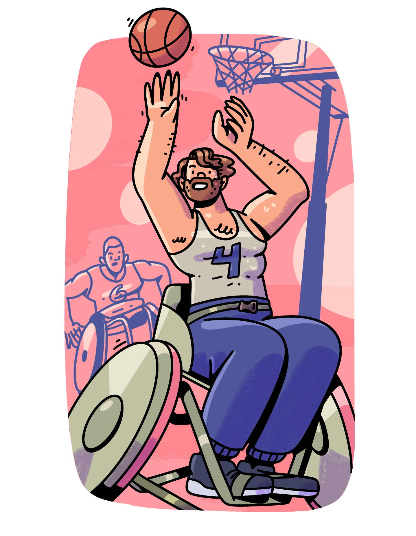 Dibujo a color de Sir Philip Craven en su juventud, lanzando hacia arriba un balón de baloncesto. Usa una silla de ruedas, barba y cabello enmarañado, y viste un uniforme deportivo sin mangas con el número 4 en su pecho. Al fondo, sin color se aprecia una canasta de baloncesto y otro jugador, con el número seis, propulsándose en su silla hacia donde está Philip.