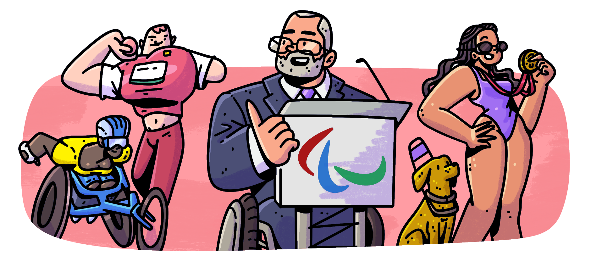 Dibujo a color de Philip con mayor edad, hablando en un presidio que tiene el símbolo de los juegos paralímpicos. A sus lados aparecen tres atletas: uno de lanzamiento de bala con un brazo amputado, una corredora en silla de ruedas y una nadadora ciega sosteniendo una medalla, junto a su perro guía.