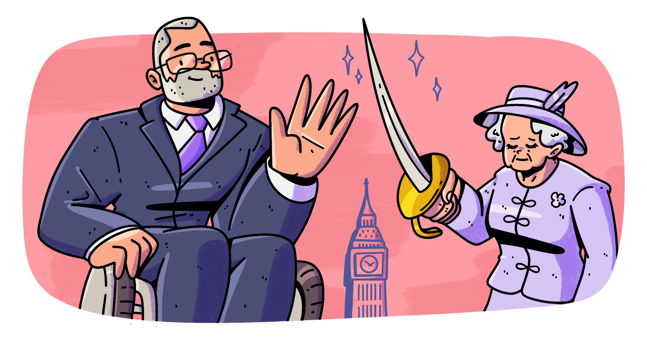 Dibujo a color de Philip con mayor edad sentado en su silla de ruedas, saludando. A su lado derecho aparece la reina Isabel segunda, quien tiene en su mano derecha una espada para nombrarlo caballero. Al fondo, sin color, se encuentra el Big Ben en menor tamaño.