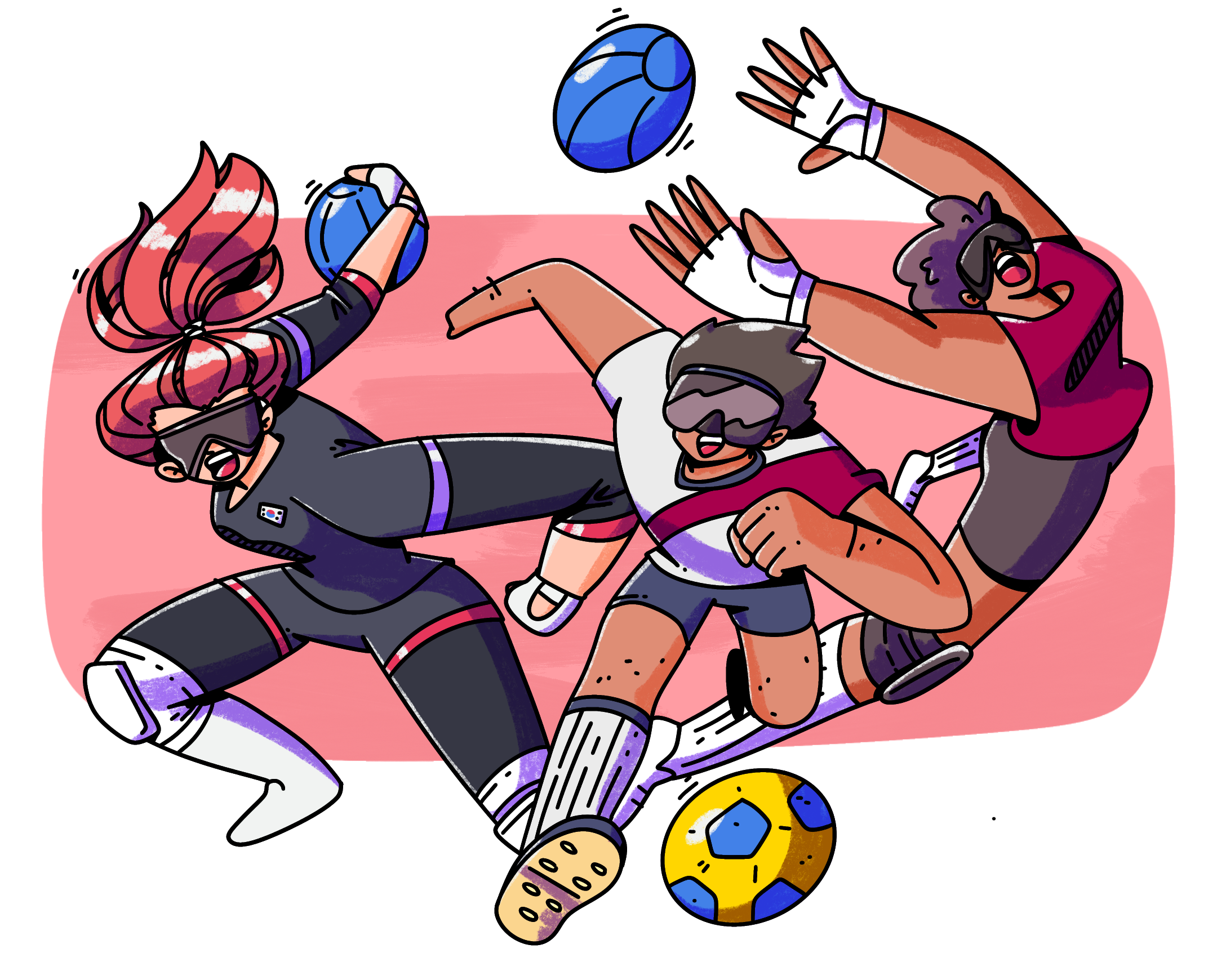 Dibujo a color de jugadores de fútbol ciego y gólbol, que usan trajes deportivos y antifaces. A la izquierda, una mujer se prepara para lanzar un balón con su mano. Al centro, un hombre con antifaz corre pateando el balón. A la derecha, una mujer salta para intentar atrapar un tercer balón.