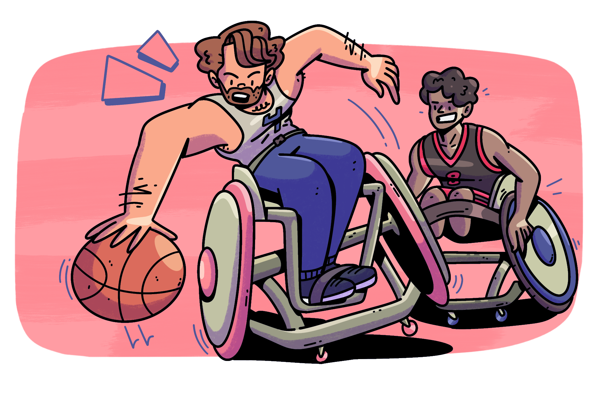 Dibujo a color de Philip en su juventud jugando basquetbol de silla de ruedas, junto con un contrincante. Con su mano derecha bota un balón, mientras que con su izquierda gira la rueda de su silla para impulsarse y evitar a su contrincante.