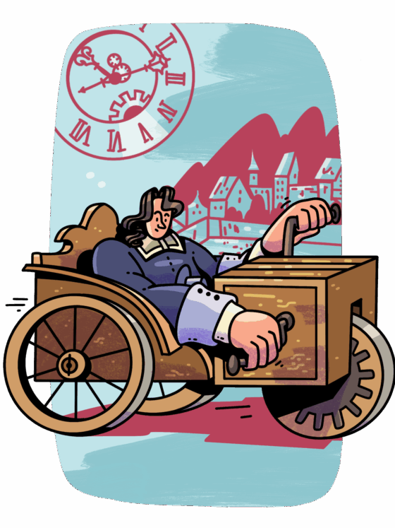 Dibujo a color de Stephan Farffler montado en su carruaje manumotriz: un vehículo de tres ruedas hecho de madera, con manivelas al frente que manipula con las manos. Stephan viste una camisa de la época, lleva cabello largo y rizado. Al fondo, sin color se aprecia la silueta de la ciudad de Nuremberg en el siglo 17. Arriba, en grande se ven las manecillas y mecanismo de un reloj, con números romanos.