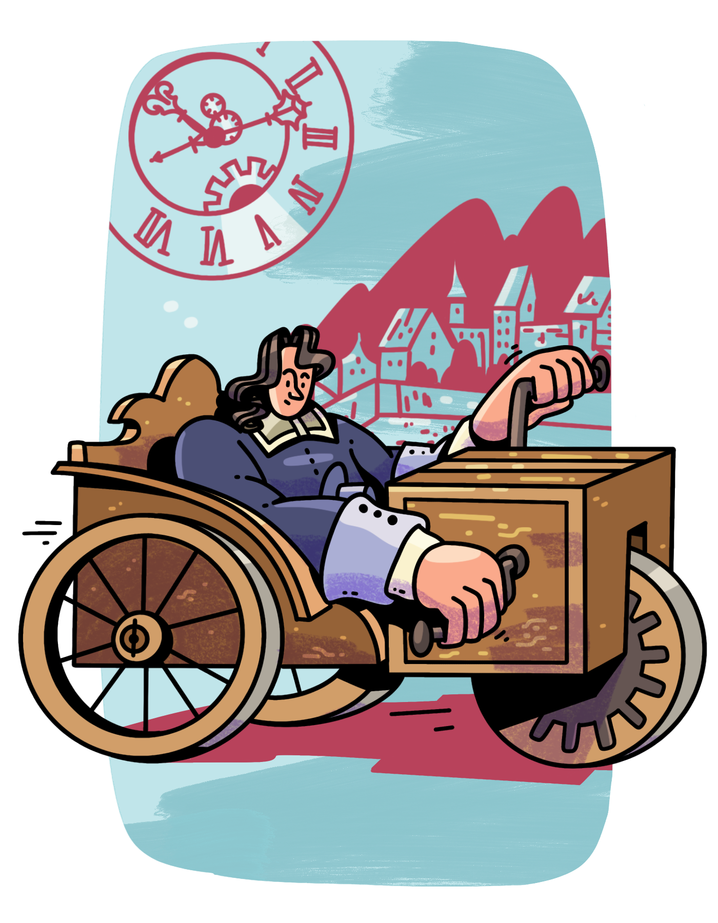 Dibujo a color de Stephan Farffler montado en su carruaje manumotriz: un vehículo de tres ruedas hecho de madera, con manivelas al frente que manipula con las manos. Stephan viste una camisa de la época, lleva cabello largo y rizado. Al fondo, sin color se aprecia la silueta de la ciudad de Nuremberg en el siglo 17. Arriba, en grande se ven las manecillas y mecanismo de un reloj, con números romanos.