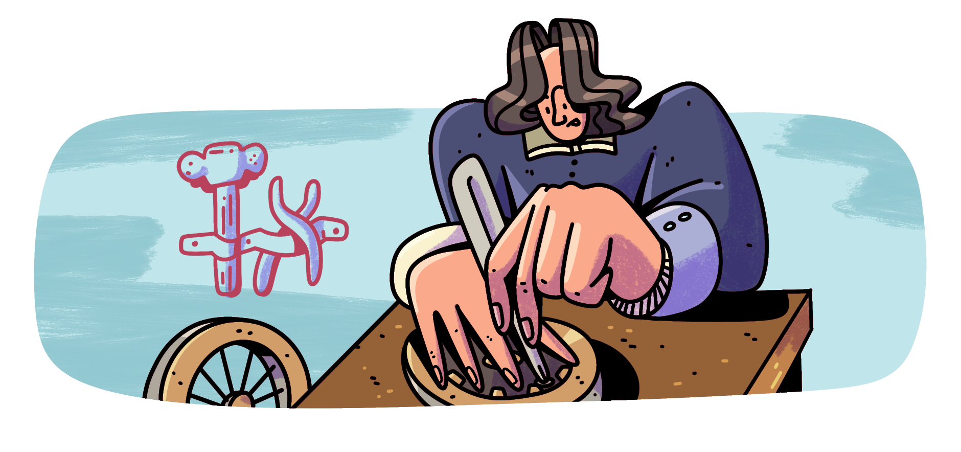 Dibujo a color de Stephan Farffler trabajando en la mesa de un taller de relojería. Con su mano derecha sostiene un engranaje, sobre el que trabaja con una herramienta en su mano izquierda. Al fondo se ven un martillo y unas pinzas en la pared, y una rueda de madera en el suelo.