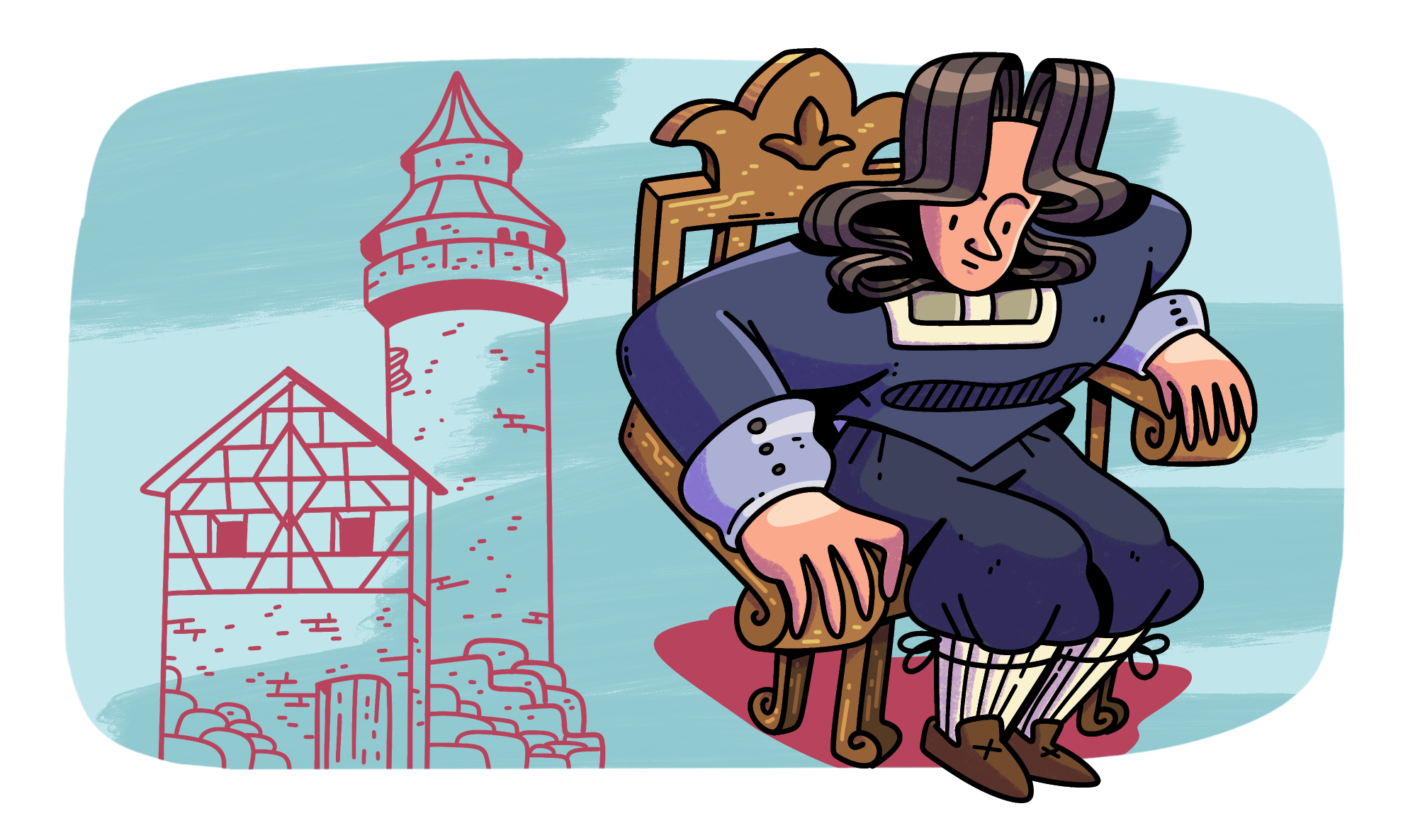 Dibujo a color de Stephan Farffler sentado sobre una silla de madera del siglo 17, con las dos manos sobre los reposabrazos. Se encuentra mirando hacia abajo. Al fondo sin color se encuentra una casa y una torre alta a su derecha, con estilo medieval.