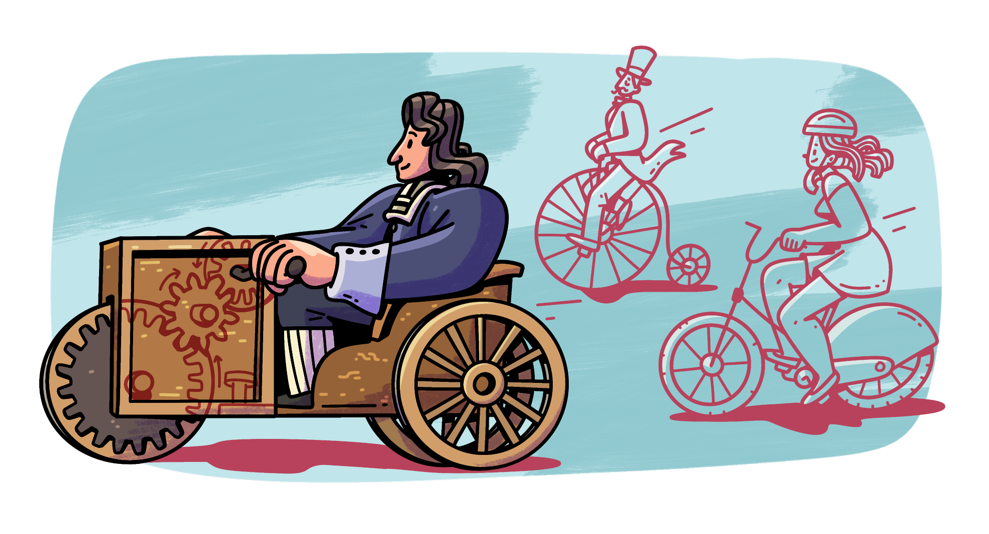 Dibujo a color de Stephan Farffler sentado en su carruaje manumotriz manejando de perfil. Al fondo sin color se observan a un hombre con traje y sombrero manejando un monociclo con una rueda pequeña de soporte atrás, como del siglo 19, y a una mujer con casco manejando una bicicleta contemporánea del siglo 21.
