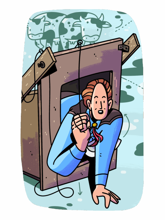 Dibujo a color de Temple Grandin asomándose por la abertura frontal del prototipo de una máquina de abrazos. Tanto Temple como la máquina están a nivel de piso. La máquina está hecha con maderas unidas con tornillos y cuerdas. Temple está apoyando su brazo izquierdo en el piso y con el derecho jala una cuerda que hace que las placas de la máquina la presionen, como un abrazo. Al fondo, sin color, se ven dos vacas.