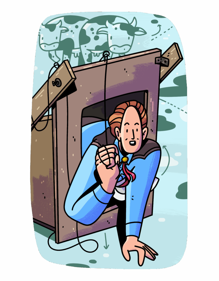 Dibujo a color de Temple Grandin asomándose por la abertura frontal del prototipo de una máquina de abrazos. Tanto Temple como la máquina están a nivel de piso. La máquina está hecha con maderas unidas con tornillos y cuerdas. Temple está apoyando su brazo izquierdo en el piso y con el derecho jala una cuerda que hace que las placas de la máquina la presionen, como un abrazo. Al fondo, sin color, se ven dos vacas.