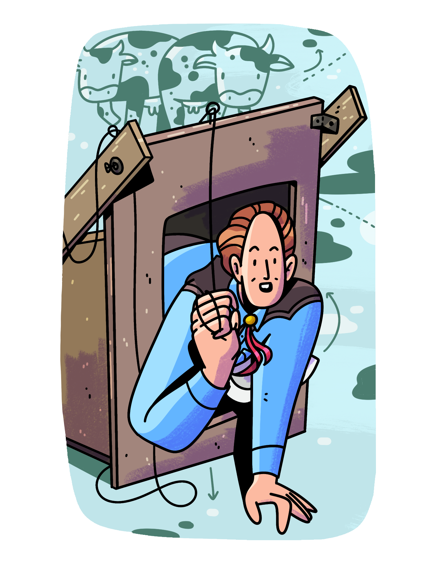 Dibujo a color de Temple Grandin asomándose por la abertura frontal del prototipo de una máquina de abrazos. Tanto Temple como la máquina están a nivel de piso. La máquina está hecha con maderas unidas con tornillos y cuerdas. Temple está apoyando su brazo izquierdo en el piso y con el derecho jala una cuerda que hace que las placas de la máquina la presionen, como un abrazo. Al fondo, sin color, se ven dos vacas.