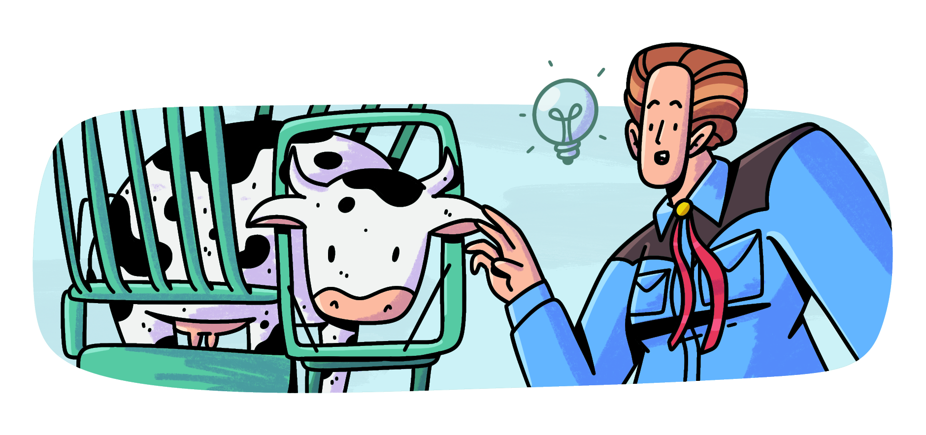 Dibujo a color de Temple teniendo una idea mientras ve a una vaca dentro de un dispositivo que la mantiene en calma y sostenida cuando es revisada por veterinarios.