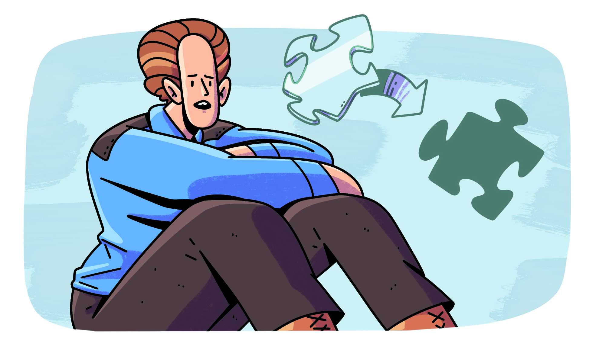 Dibujo a color de Temple sentada con las piernas contraídas y sus brazos encima de sus rodillas a nivel del piso, mirando confundida. A su lado aparecen dos piezas de rompecabezas que no encajan, haciendo alusión a cómo la sociedad espera que las personas con autismo encajen en sus estándares.