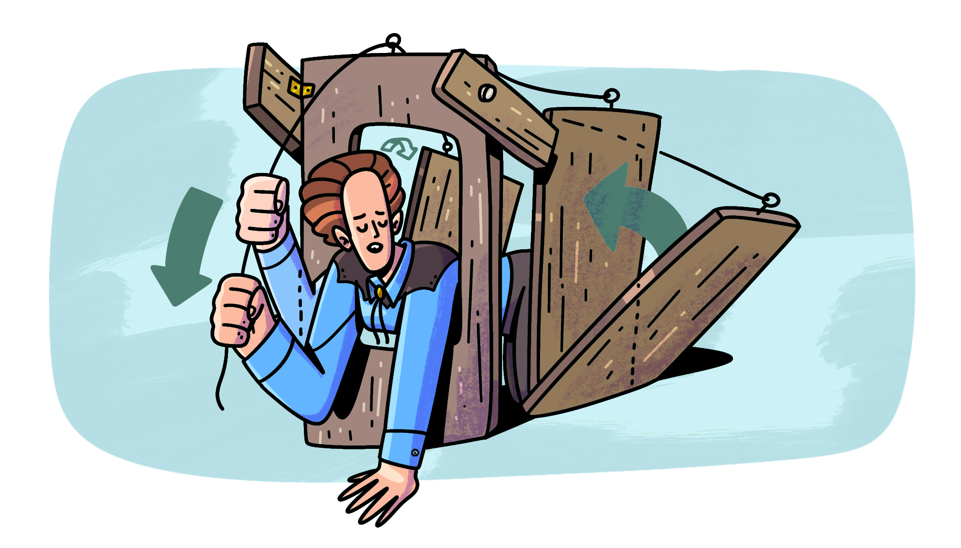 Dibujo a color de Temple Grandin asomándose por la abertura frontal del prototipo inicial de una máquina de abrazos. Tanto Temple como la máquina están a nivel de piso. Temple está apoyando su brazo izquierdo en el piso y con el derecho jala una cuerda que hace que las placas de la máquina la presionen, como un abrazo. A su vez, se observan líneas que representan cómo baja y sube la mano para activar el mecanismo moviendo las maderas a sus costados.