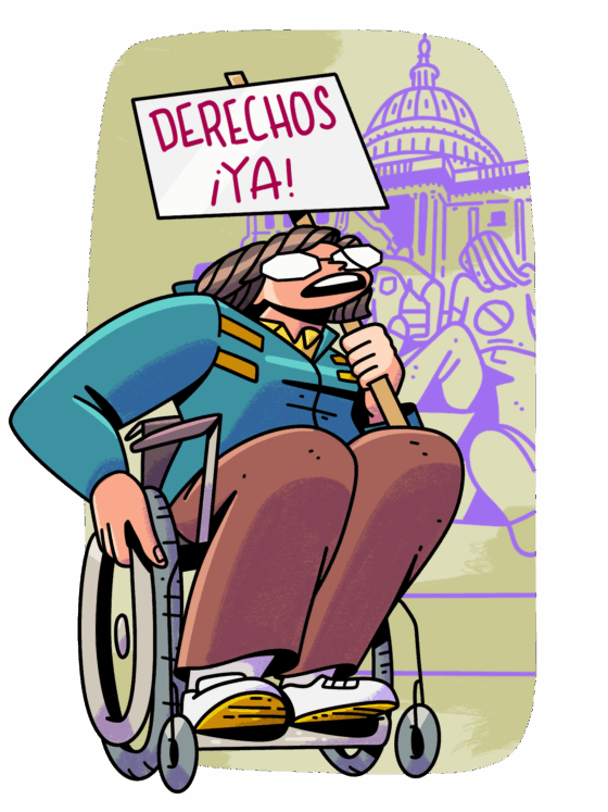 Dibujo a color de Judith Heumann hablando y cargando un letrero que dice "derechos ¡ya!". Lleva lentes, cabello corto, una sudadera y una silla de ruedas manual. Detrás de ella, sin color se ve el edificio del capitolio de Estados Unidos y dos personas con discapacidad motriz arrastrándose para subir sus escalones.