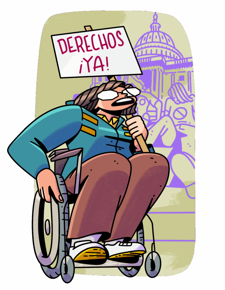 Dibujo a color de Judith Heumann hablando y cargando un letrero que dice "derechos ¡ya!". Lleva lentes, cabello corto, una sudadera y una silla de ruedas manual. Detrás de ella, sin color se ve el edificio del capitolio de Estados Unidos y dos personas con discapacidad motriz arrastrándose para subir sus escalones.