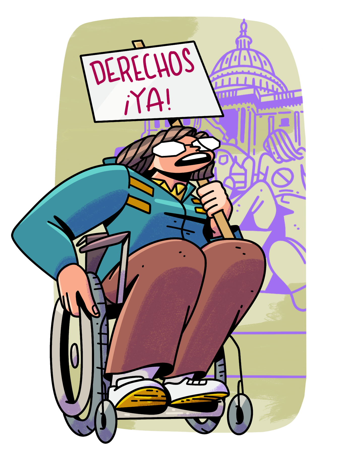 Dibujo a color de Judith Heumann hablando y cargando un letrero que dice "derechos ¡ya!". Lleva lentes, cabello corto, una sudadera y una silla de ruedas manual. Detrás de ella, sin color se ve el edificio del capitolio de Estados Unidos y dos personas con discapacidad motriz arrastrándose para subir sus escalones.