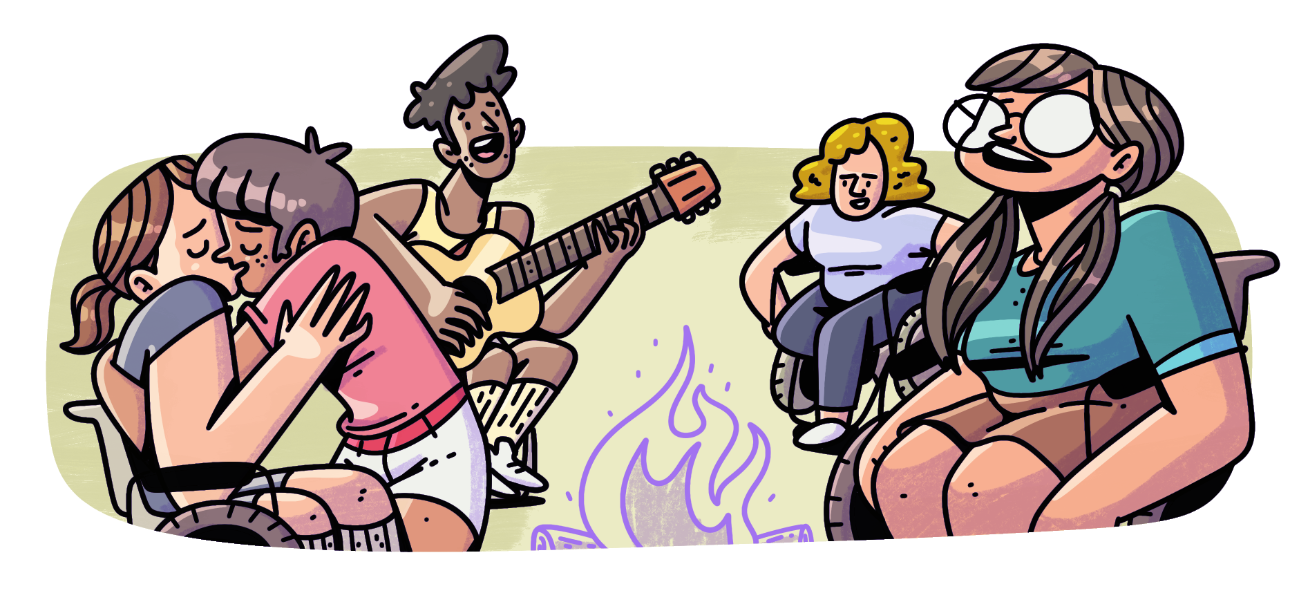 Dibujo a color de Judith y otros jóvenes con discapacidad cantando alrededor de una fogata. Uno de ellos tiene una guitarra, otro tiene el pelo largo, y una pareja se está besando.