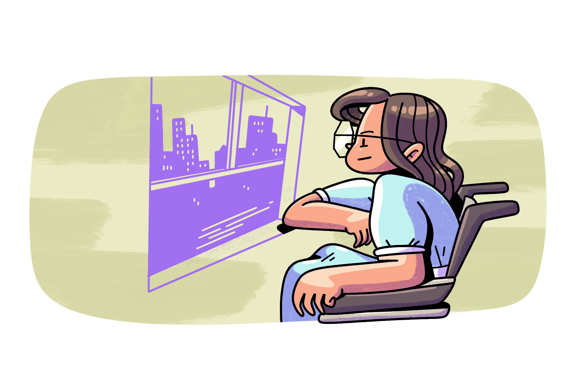 Dibujo a color de Judith Heumann, sentada en su silla de ruedas frente a una ventana mirando la ciudad sin color. Se observa de perfil apoyando su codo derecho en el marco de la ventana y su brazo izquierdo en el reposabrazos de la silla de ruedas.