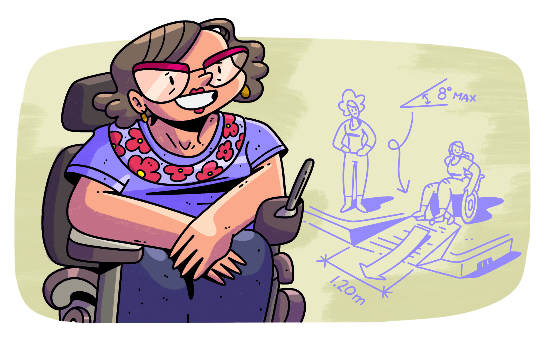 Dibujo a color de Judith Heumann sonriendo, sentada en su silla de ruedas de frente con las manos ligeramente cruzadas sobre sus rodillas. Al fondo, sin color hay dos mujeres, una en silla de ruedas y otra de pie observando a la otra. La mujer usuaria silla de ruedas va a pasar por una rampa, donde se señalan las medidas y ángulos adecuados para que sea accesible.