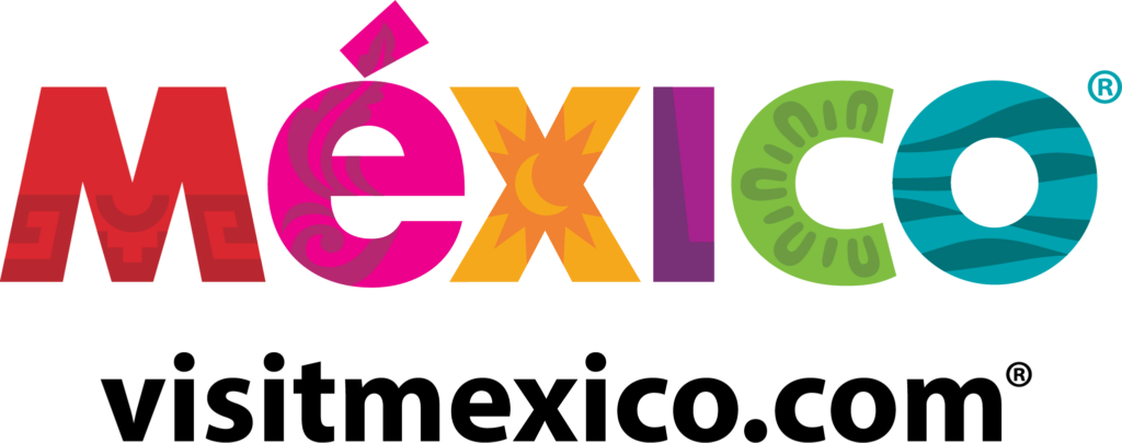 Logotipo de la marca México, formado por letras de colores con grecas características mexicanas. Abajo aparece el texto "visitmexico.com"
