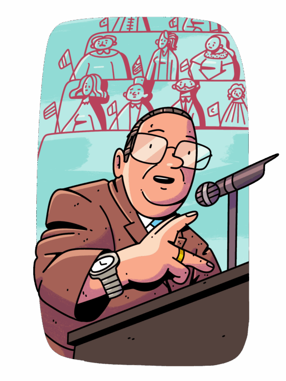 Dibujo a color de Gilberto Rincón Gallardo, quien mira al frente hablando en un estrado. Lleva traje, lentes, un reloj metálico y anillos en su mano derecha, la cual tiene movilidad reducida. Al fondo, sin color, se aprecian varias personas de diferentes nacionalidades en un auditorio.