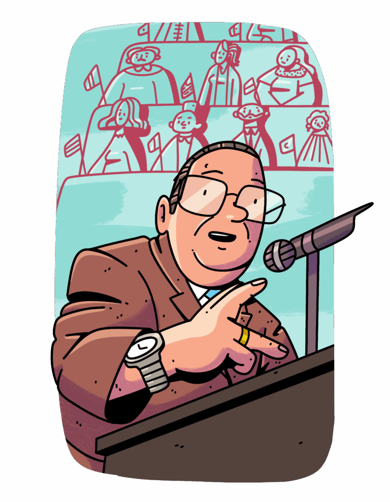 Dibujo a color de Gilberto Rincón Gallardo, quien mira al frente hablando en un estrado. Lleva traje, lentes, un reloj metálico y anillos en su mano derecha, la cual tiene movilidad reducida. Al fondo, sin color, se aprecian varias personas de diferentes nacionalidades en un auditorio.