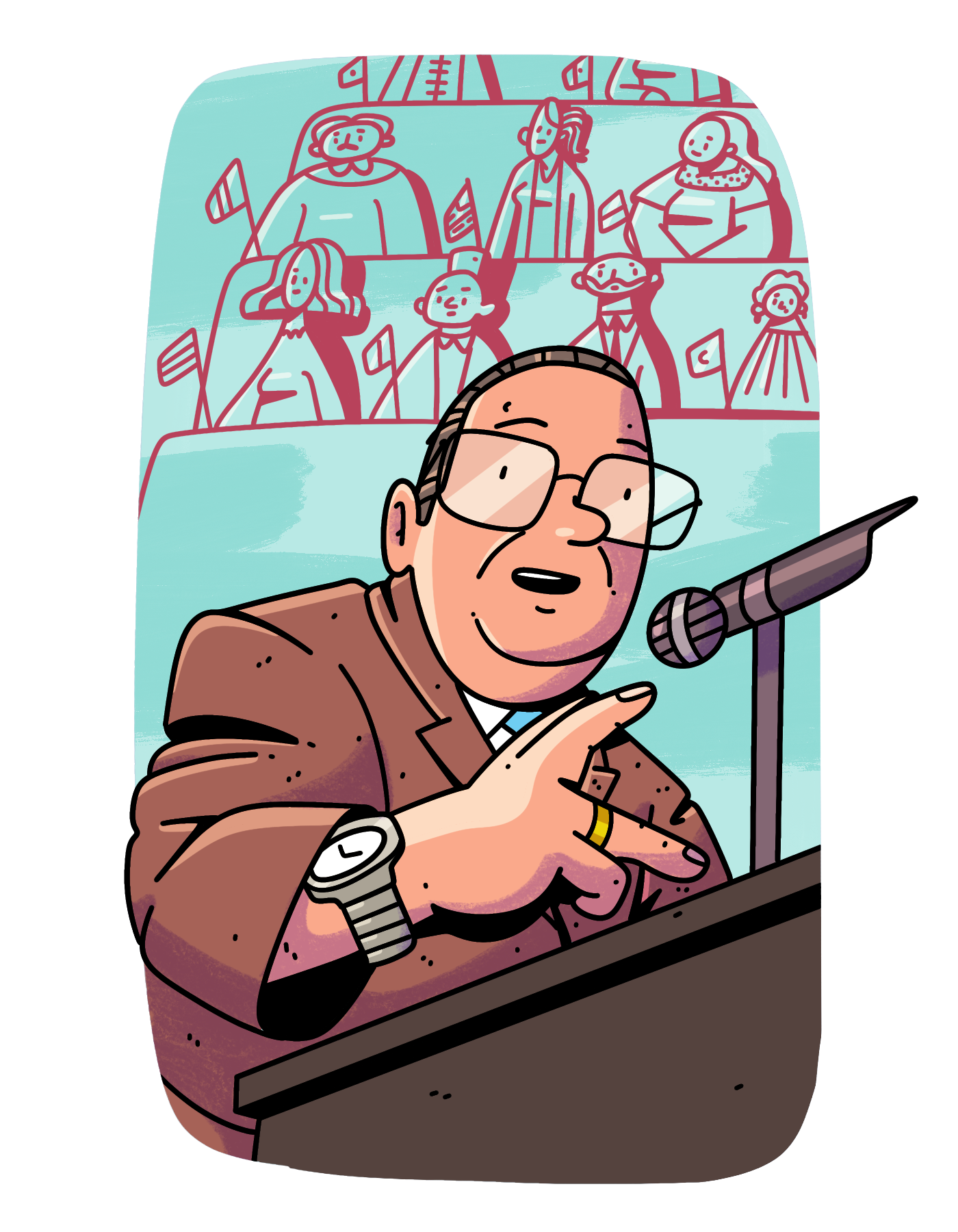 Dibujo a color de Gilberto Rincón Gallardo, quien mira al frente hablando en un estrado. Lleva traje, lentes, un reloj metálico y anillos en su mano derecha, la cual tiene movilidad reducida. Al fondo, sin color, se aprecian varias personas de diferentes nacionalidades en un auditorio.