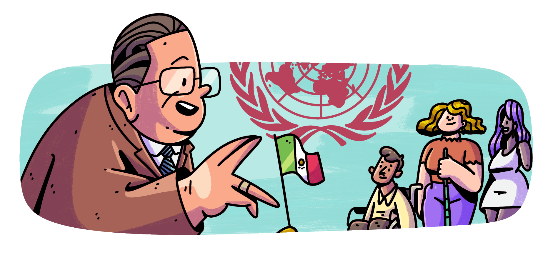 Dibujo a color de Gilberto de perfil, dando un discurso. Sobre su podio hay una bandera de México pequeña. Del otro lado hay tres personas con discapacidad: un hombre con silla de ruedas, una mujer con bastón blanco y otra mujer sin un brazo. Al fondo está el escudo de las Naciones Unidas.