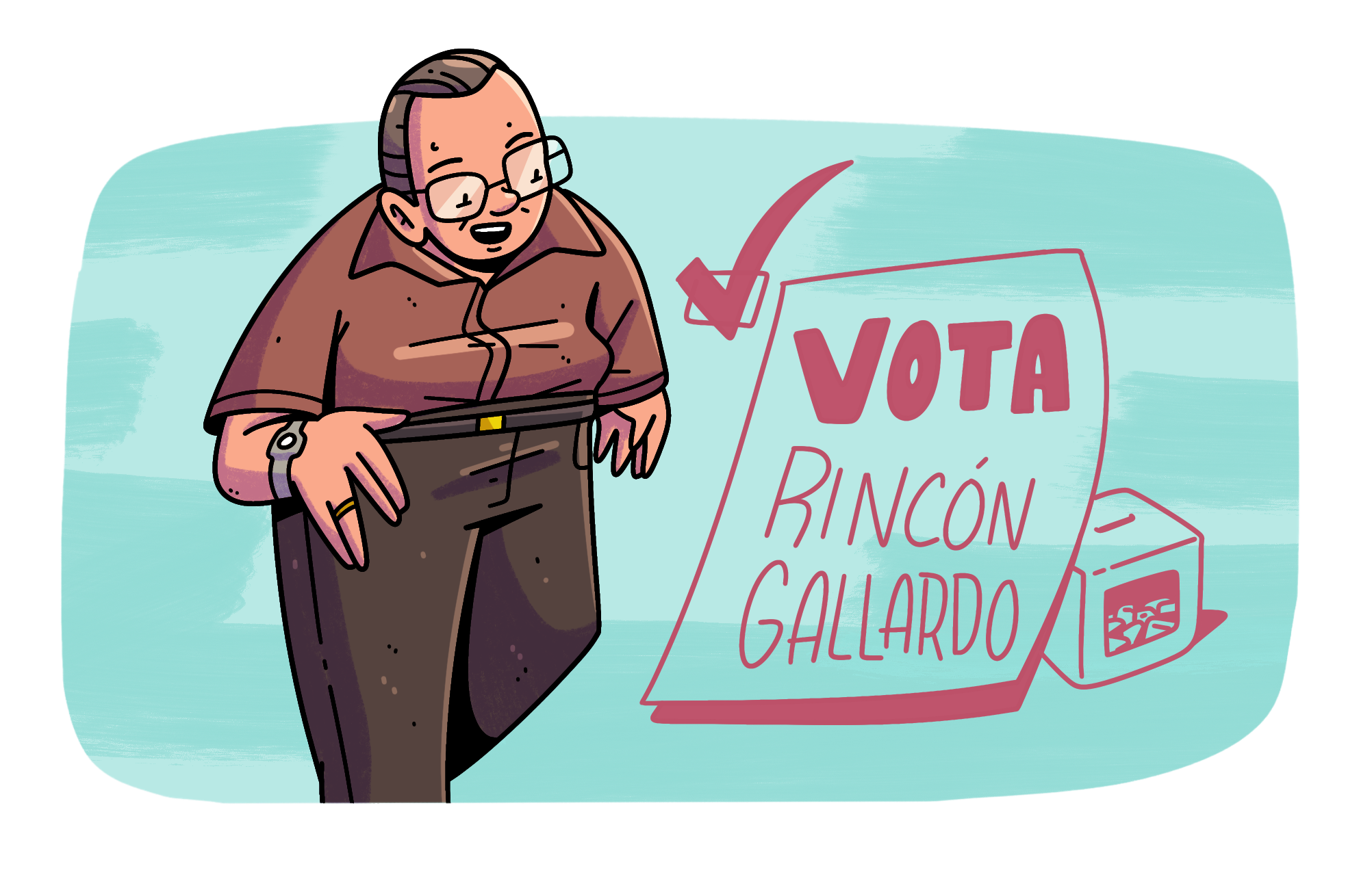 Dibujo a color de Gilberto de frente y medio cuerpo, con una sonrisa. A su izquierda aparece una boleta electoral sin color que dice “Vota Rincón Gallardo” con un recuadro palomeado en la esquina superior. Atrás hay una urna de votación.