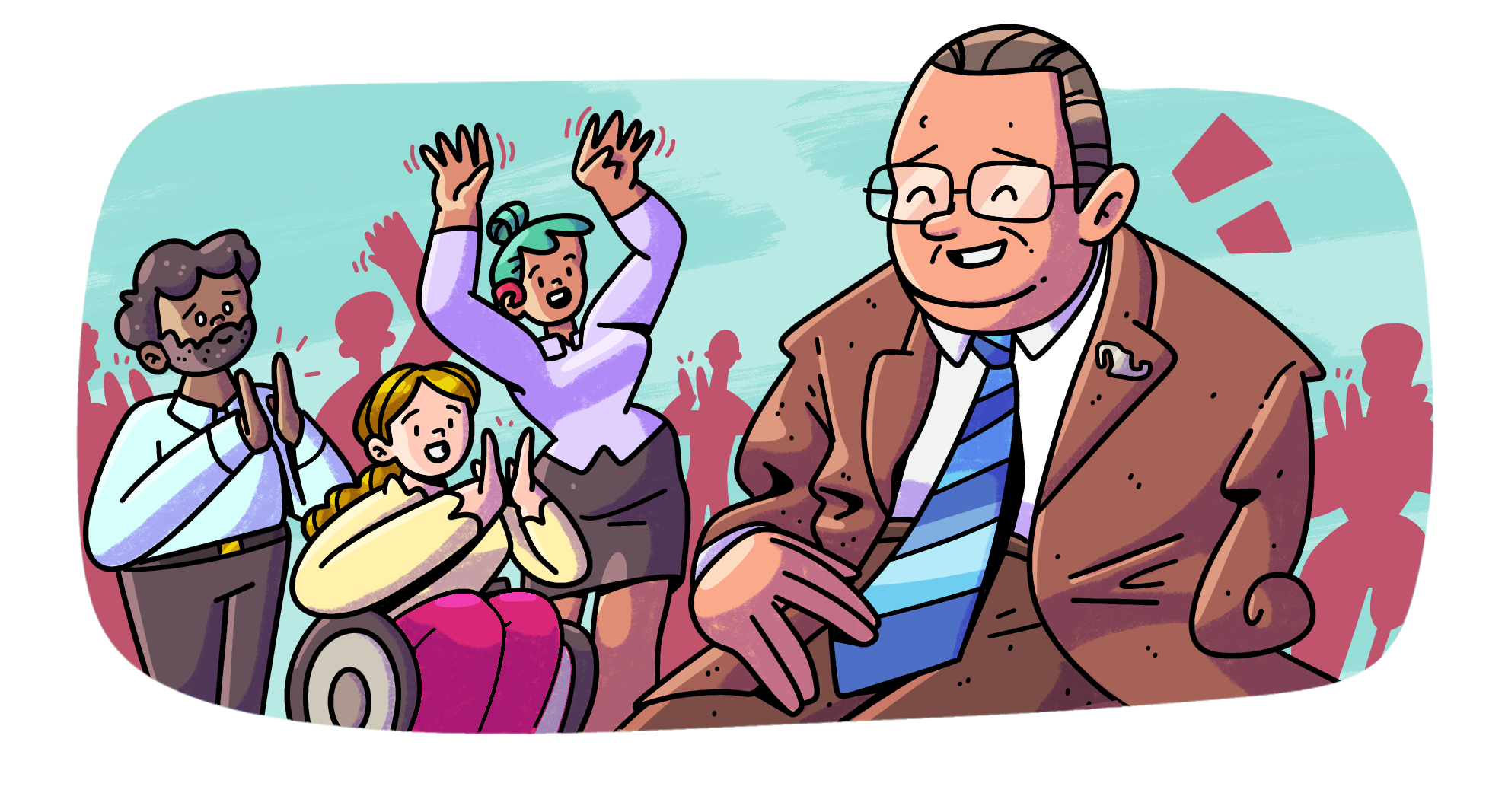 Dibujo a color de Gilberto feliz de abogar por los derechos de las personas con discapacidad. Detrás se encuentra una multitud aplaudiendo su labor y se observan principalmente a una persona con discapacidad visual, una persona en silla de ruedas y a una persona con discapacidad auditiva aplaudiendo y celebrando.