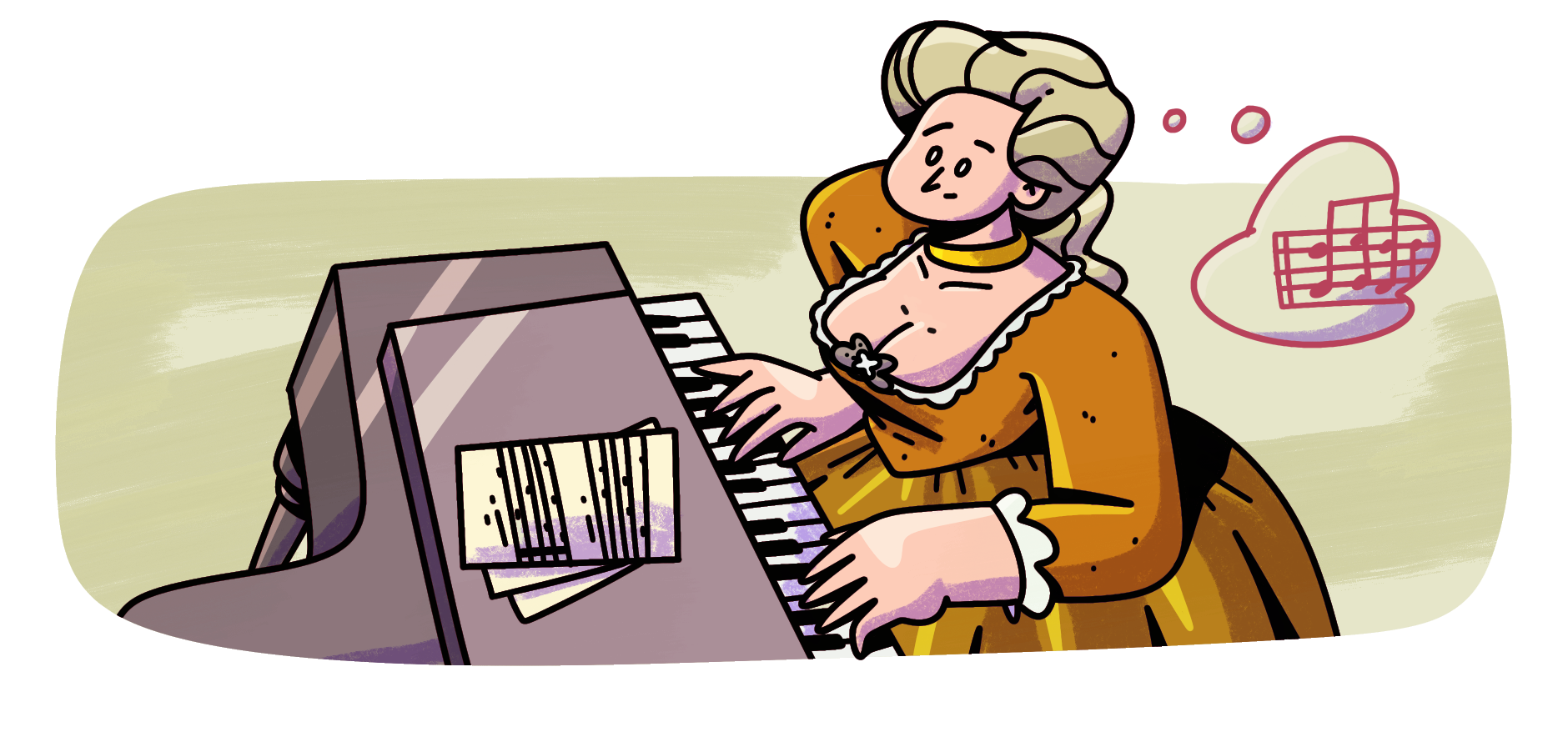 Dibujo a color de María Theresia tocando un piano de cola. Está memorizando una partitura, ya que no puede verla impresa en papel.