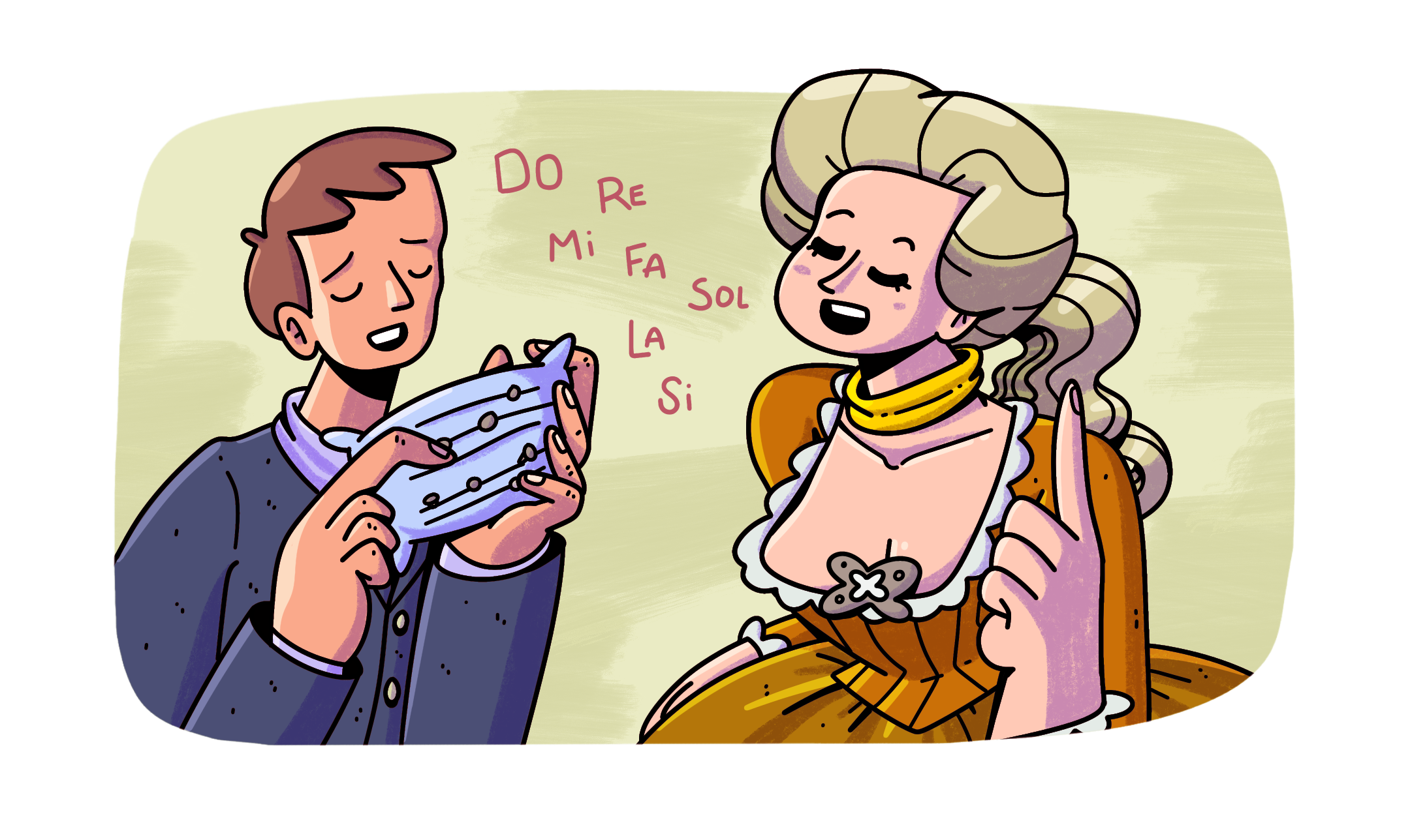 Dibujo a color de María Theresia von Paradis y Louis Braille. Theresia se encuentra cantando las notas “Do, Re, Mi, Fa, Sol, La y Si” con los ojos cerrados y Louis Braille sintiendo unos alfileres insertados en una almohadilla con su mano derecha.