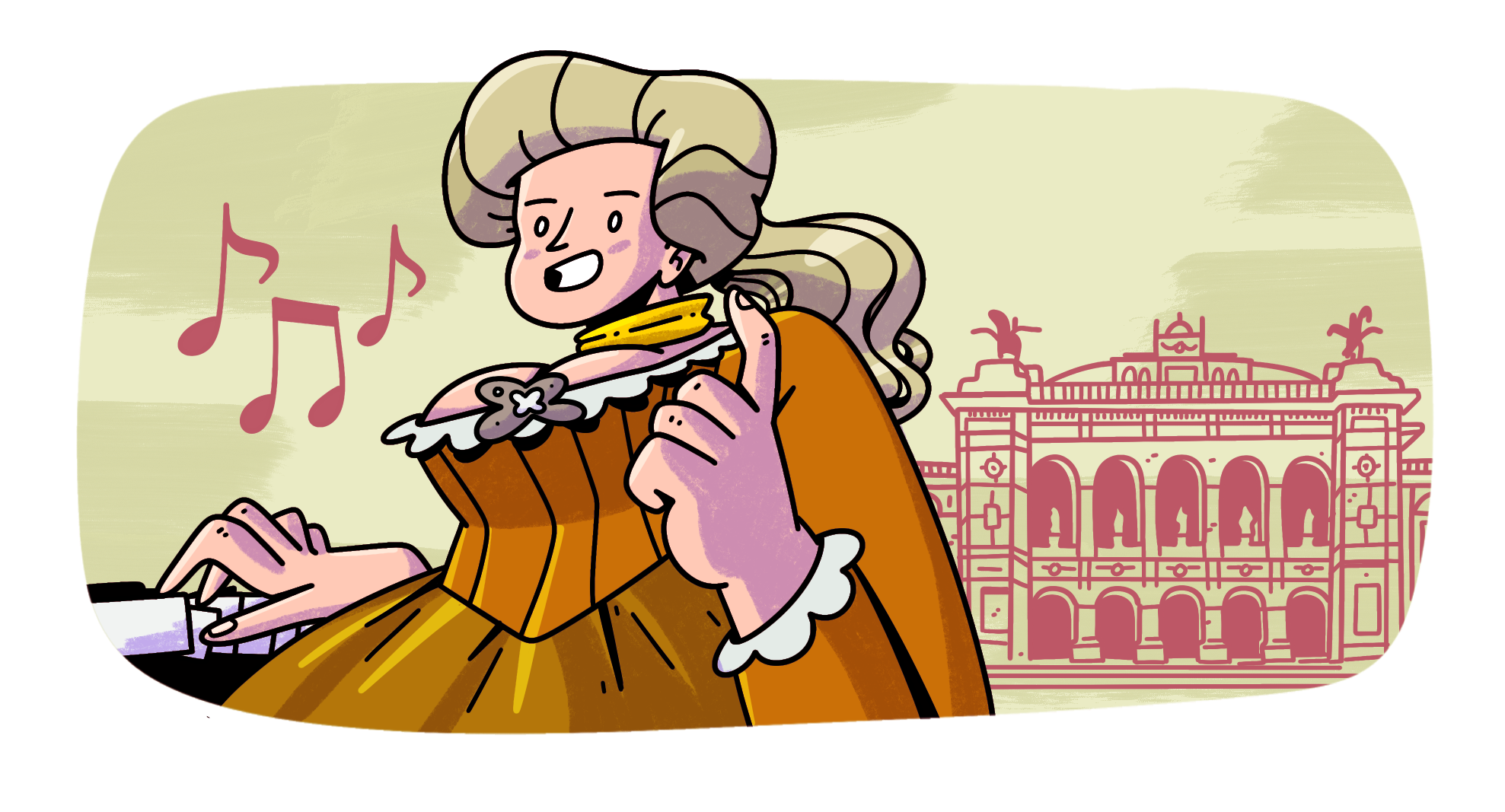 Dibujo a color de María Theresia tocando las teclas de un piano que se encuentra a su costado derecho mientras ella mira al frente con una sonrisa y la mano izquierda doblada hacia arriba señalando su oreja. Al fondo, sin color, aparecen notas musicales provenientes del piano y una catedral.