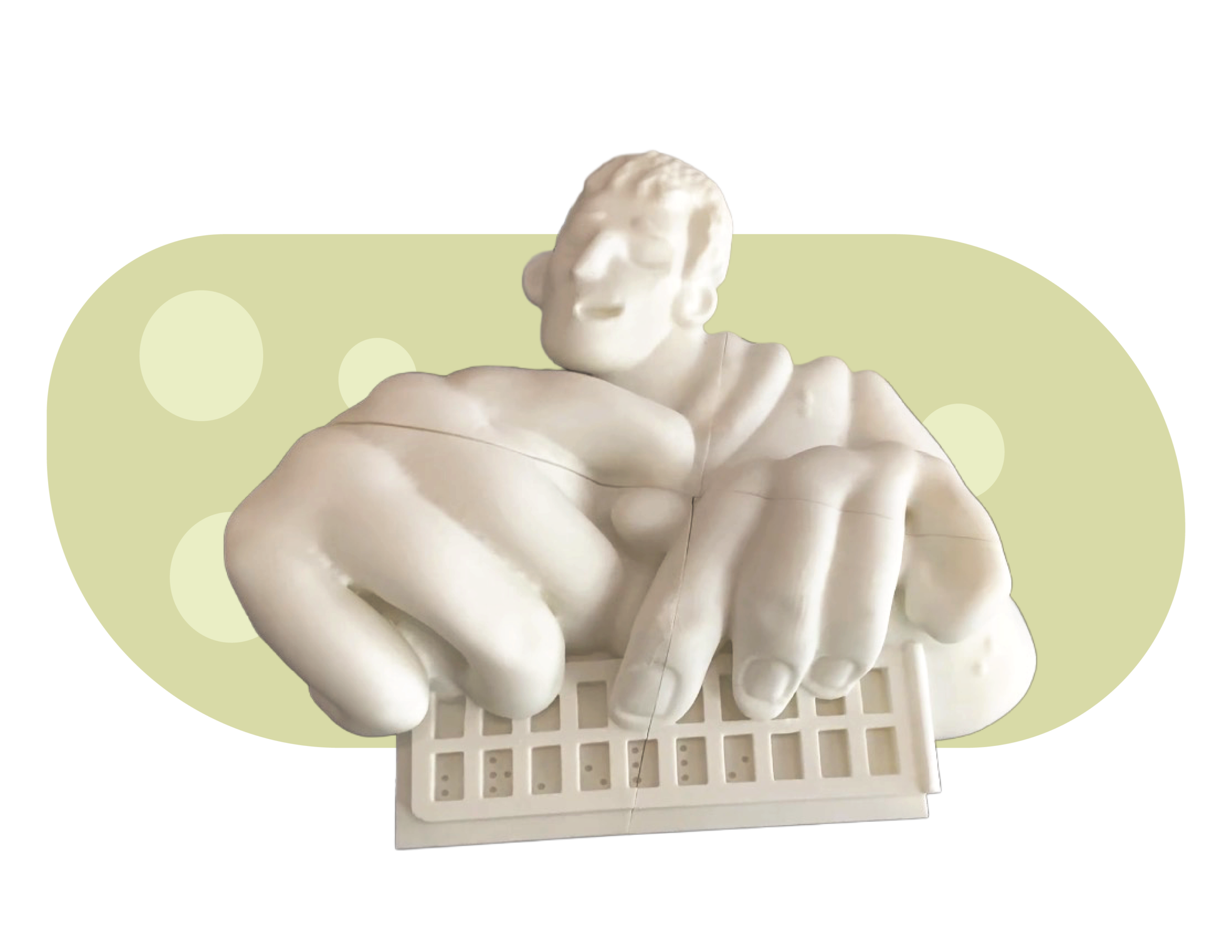 Fotografía de la réplica 3D de la ilustración de Dibujo a color de Louis Braille. Al frente se ven sus manos utilizando un punzón y una regleta para escribir un mensaje en un papel. Al fondo, en tonos de verde claro, hay círculos que decoran el fondo de la fotografía.