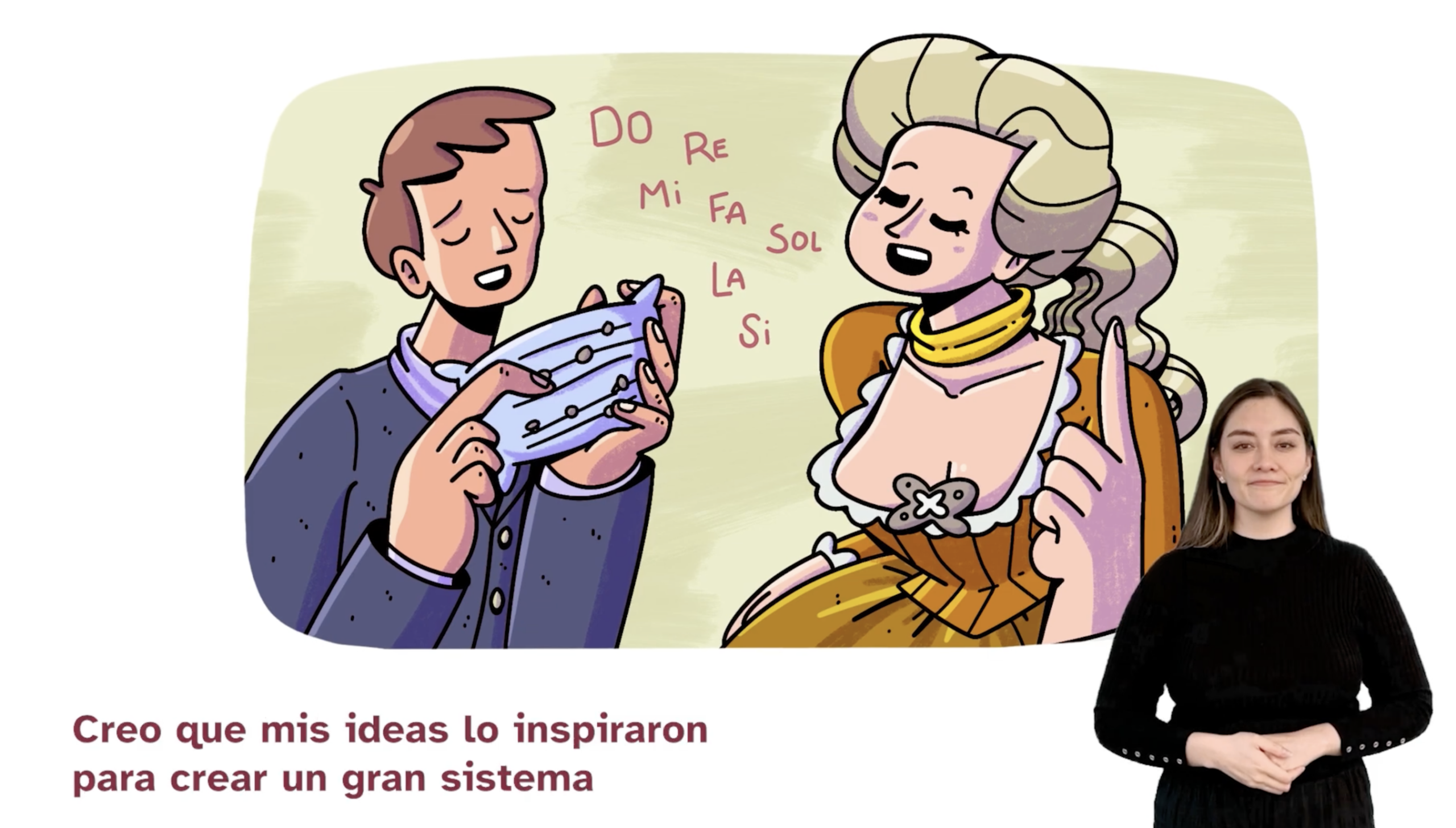 Captura de pantalla del video presentación de Maria Theresia Von Paradis. Sobre un fondo blanco se observa una ilustración de Maria Theresia y su método de lectura con Louis Braille. Frente a la ilustración, del lado derecho se encuentra una mujer vestida de negro quien interpreta el audio a LSM