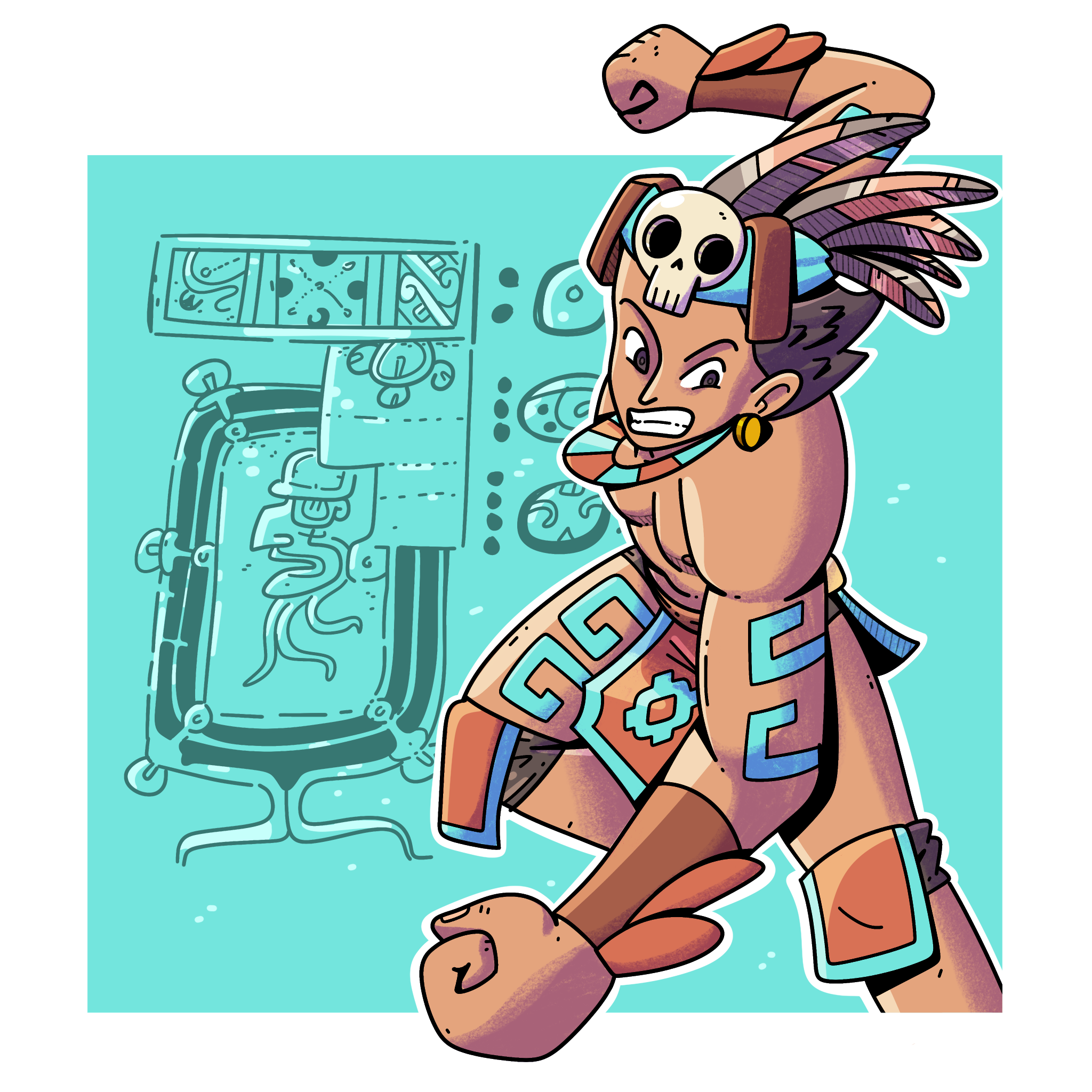 Dibujo a color de Balam cayendo después de saltar. Su brazo y pierna izquierda están dirigiéndose hacia abajo, mientras que su pierna y brazo derecho están levantados. Al fondo se ven unos códices mayas que representan un eclipse.