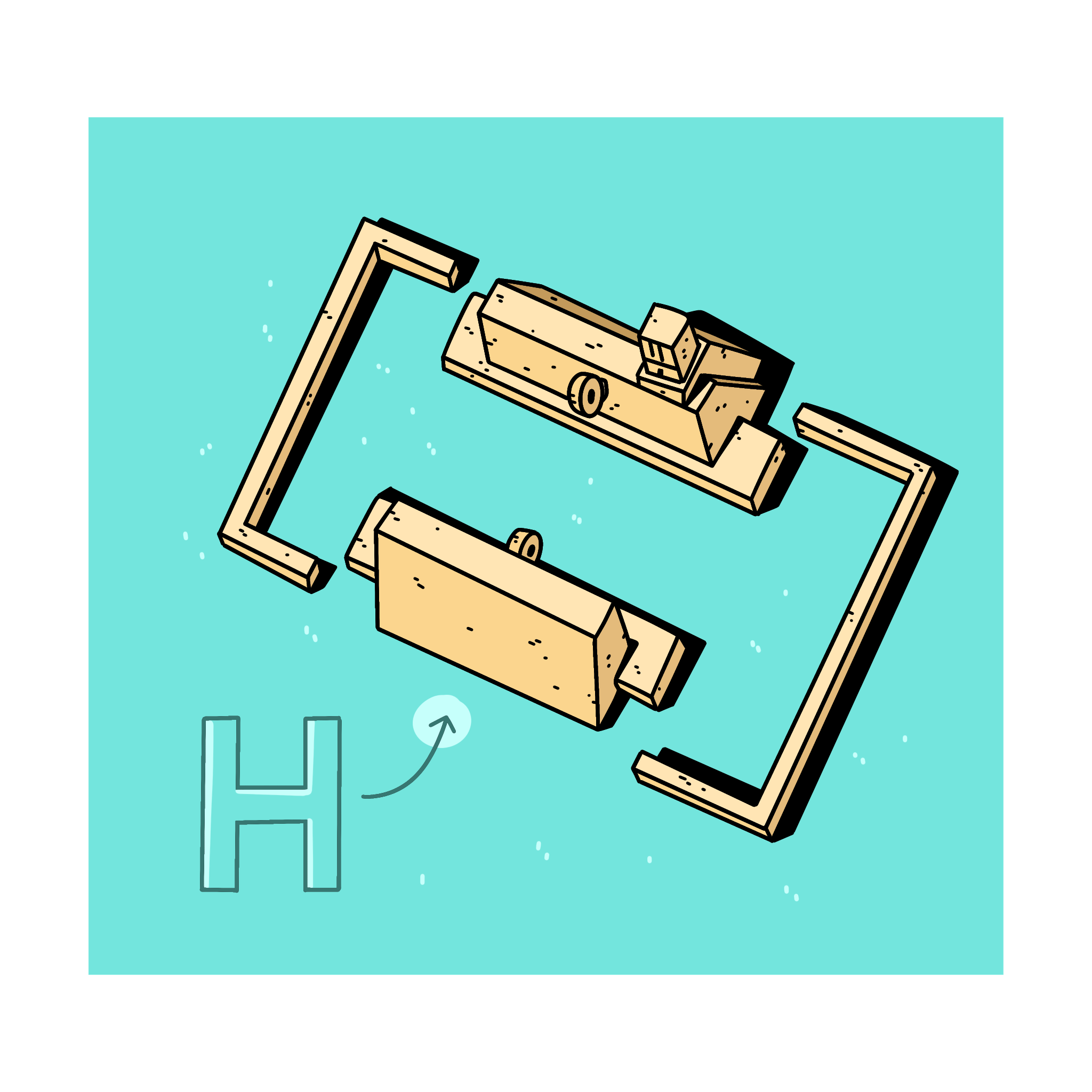 Dibujo de una cancha de pok ta pok vista desde arriba para mostrar su forma de H mayúscula. Sus paredes delimitan la cancha, siendo más altas en lo que sería la línea horizontal central de la H. Sobre estas últimas están colocados los aros, a gran altura.