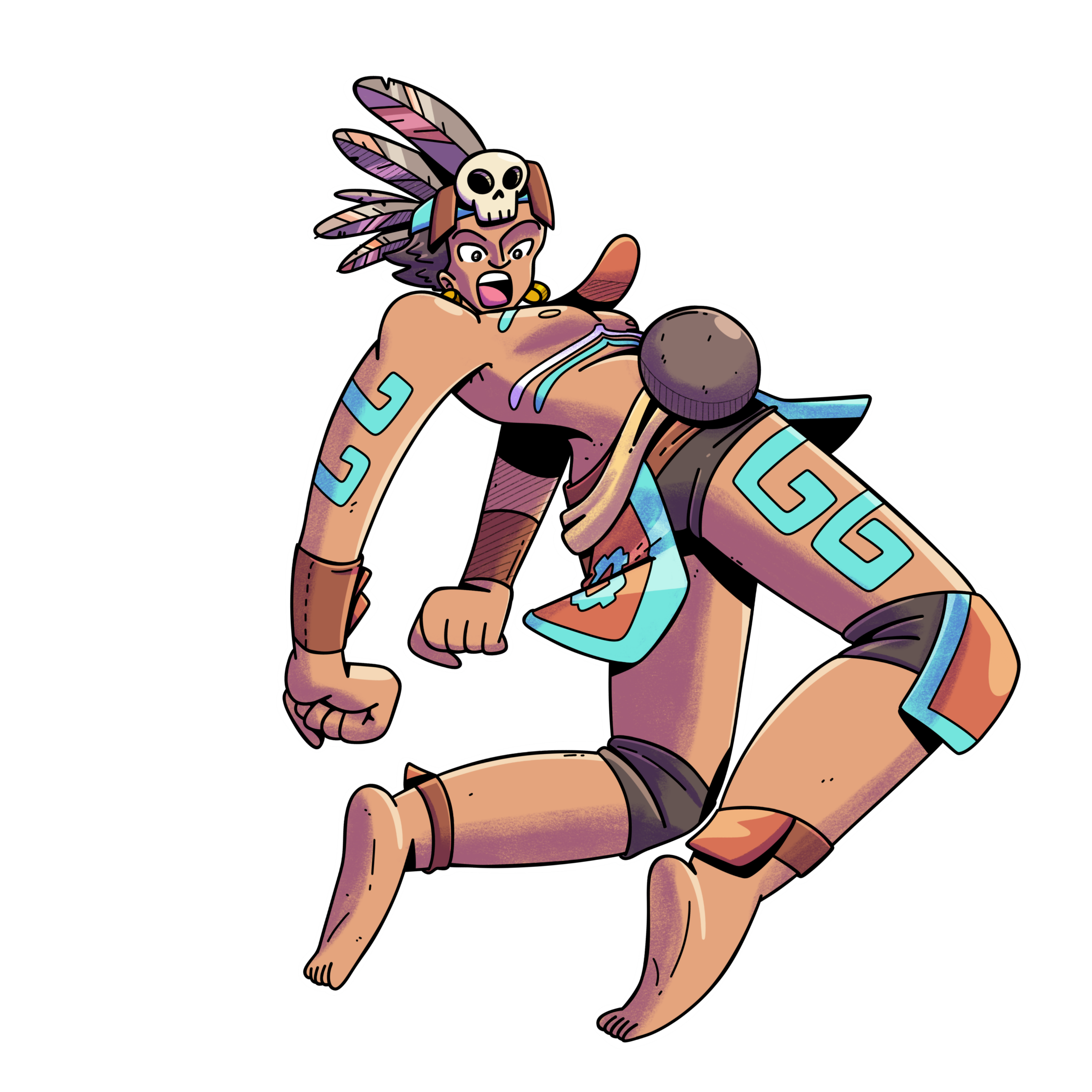 Dibujo a color de Balam, un hombre prehispánico saltando y golpeando una pelota con su cadera, del tradicional juego de pok ta pok. Trae poca ropa, protecciones de cuero en los antebrazos, rodillas y cadera, y una especie de penacho con un cráneo en la frente. en sus piernas, brazos y pecho tiene pintadas grecas en color azul.