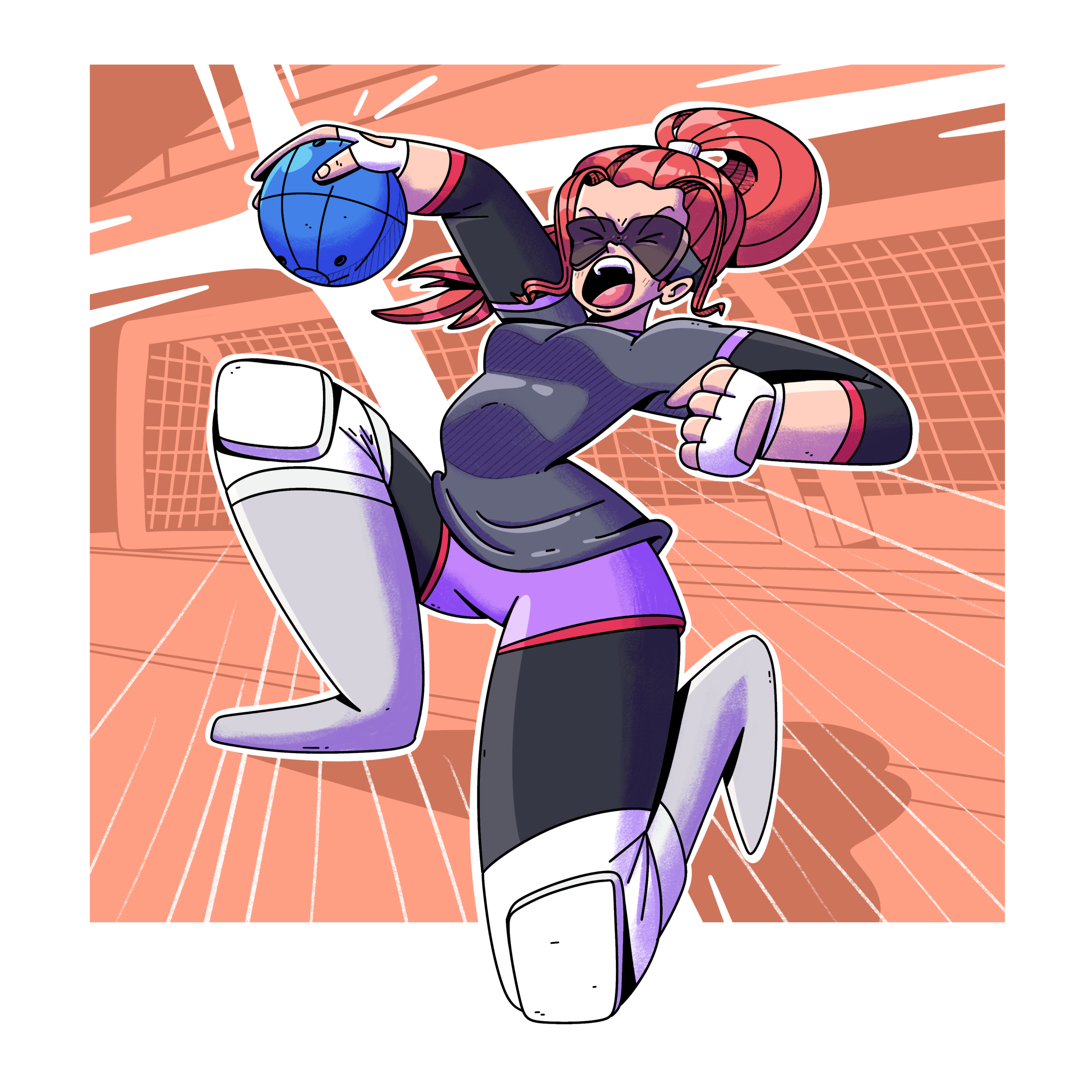 Dibujo a color de Marissa, una mujer con discapacidad visual gritando lanzando un balón con su brazo derecho. Está vestida con uniforme de Gólbol: playera y shorts deportivos con mayones abajo, protecciones en rodillas y manos, y un antifaz que bloquea su vista. Su rodilla izquierda está apoyada en el suelo, y está inclinada hacia atrás como tomando impulso para lanzar el balón. Al fondo se ve una portería similar a las de fútbol soccer, pero más baja y alargada.