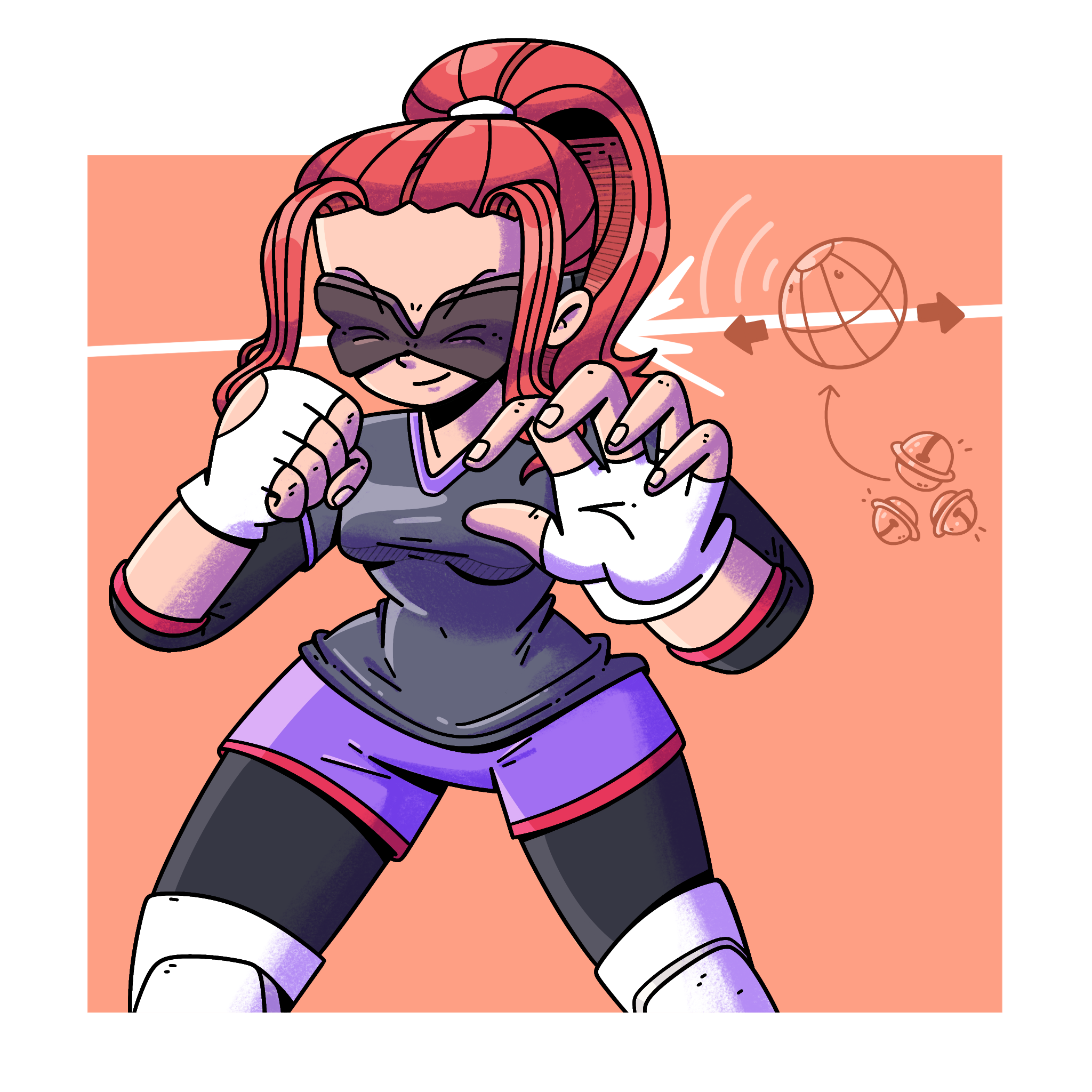 Dibujo a color de Marissa, una jugadora de gólbol, poniendo atención al sonido del balón. Tiene los brazos y piernas ligeramente flexionados, y su cara está parcialmente de lado, poniendo su oreja al frente para escuchar mejor. Al fondo aparece un dibujo de un balón con cascabeles adentro.