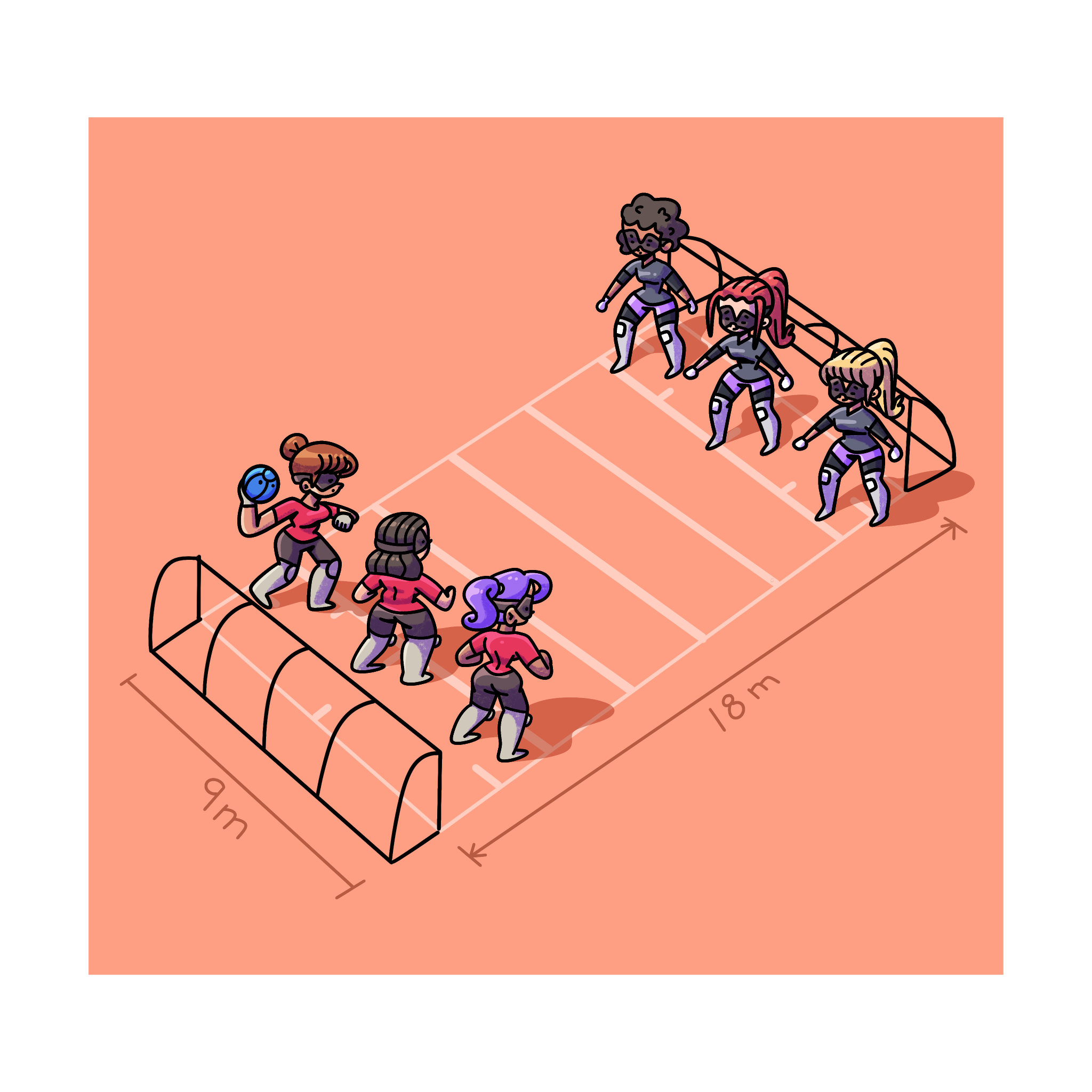 Dibujo a color de una cancha de gólbol vista desde lejos, con 3 jugadoras en cada extremo vestidas 3 con uniforme negro y 3 con uniforme rojo. La cancha es rectangular y tiene líneas que la dividen a lo largo en 6 franjas del mismo tamaño. En los extremos tiene porterías bajas del ancho de la cancha, que le llegan a las jugadoras como a la altura de los hombros.