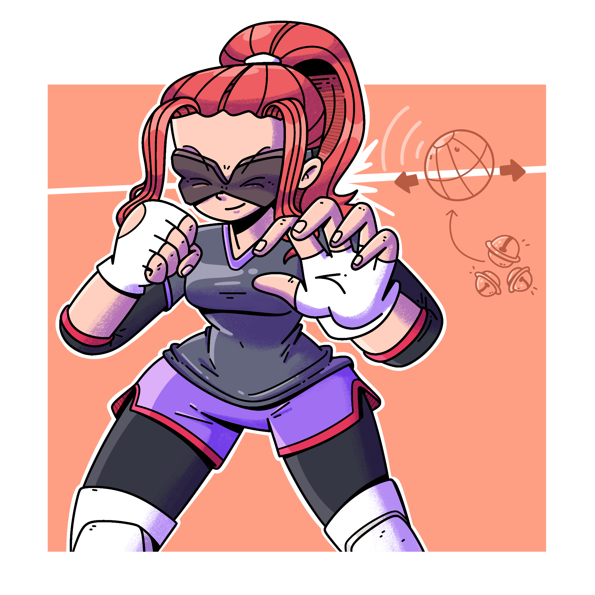 Dibujo a color de Marissa, una jugadora de gólbol, poniendo atención al sonido del balón. Tiene los brazos y piernas ligeramente flexionados, y su cara está parcialmente de lado, poniendo su oreja al frente para escuchar mejor. Al fondo aparece un dibujo de un balón con cascabeles adentro.
