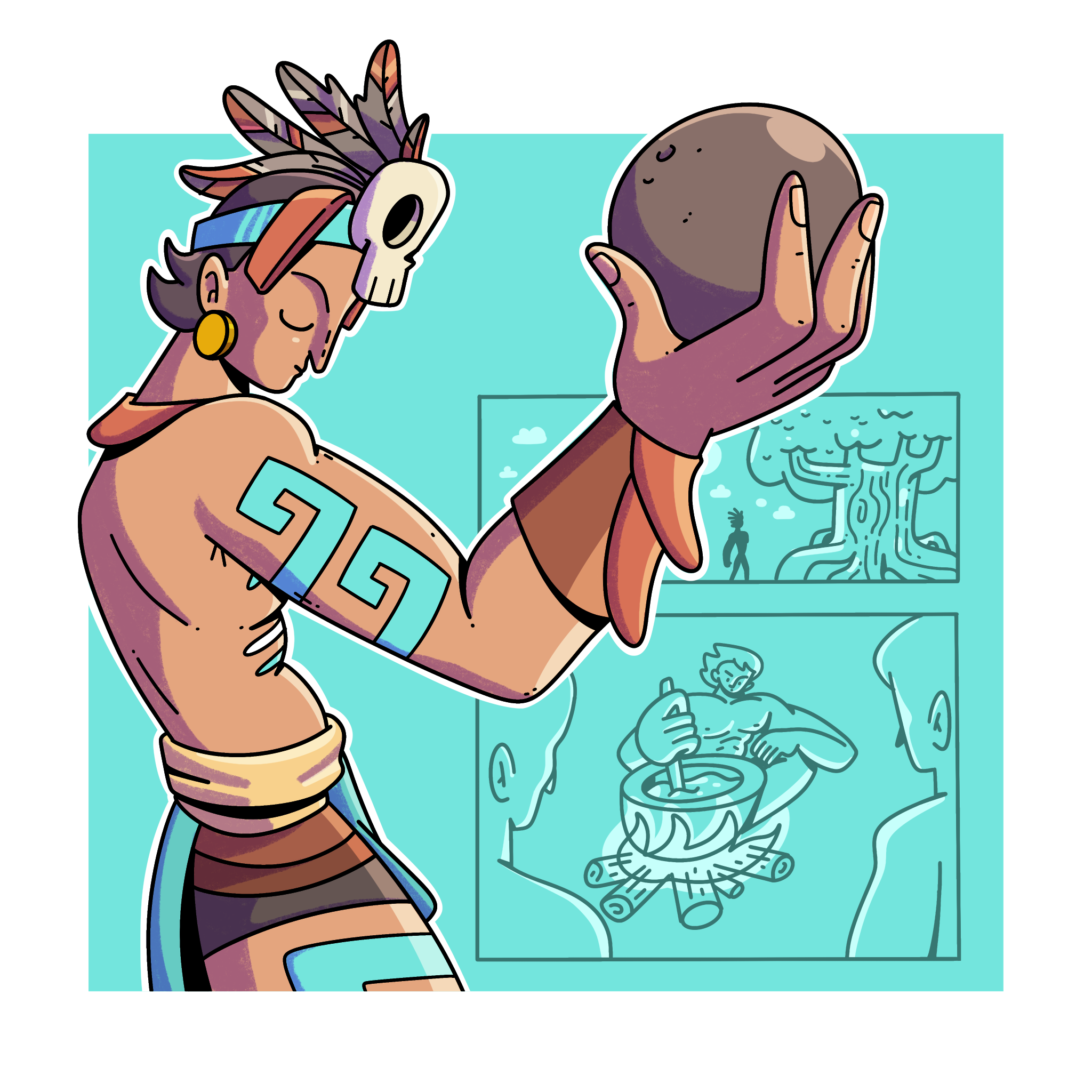 Dibujo a color de Balam, mirando hacia la derecha con los ojos cerrados. Lleva un penacho con plumas de colores, una cinta azul en la cabeza y una pequeña calavera blanca sobre la frente. En su brazo derecho sostiene una pelota con la mano. Viste un taparrabos con franjas de colores café, naranja y azul, y lleva una muñequera de cuero marrón. Al fondo, sin color hay dos dibujos que muestran a Balam frente a un árbol y luego con una olla en una hoguera, representando el proceso de fabricación artesanal de la pelota del pok ta pok.